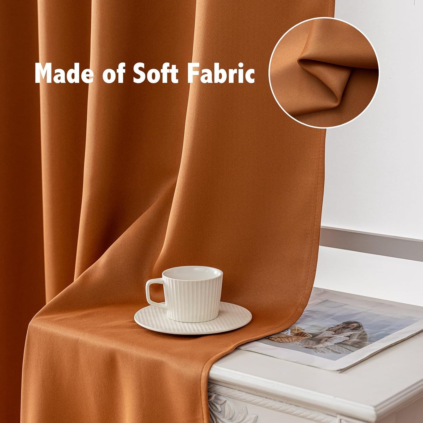 Anytime 100% Blackout Curtain Set, Thermal Insulated & Energy Efficiency Window Draperies for Guest Room, Full Shading Panels for Shift Worker and Light Sleepers（Orange, 2 Panels, 52W x 45L）