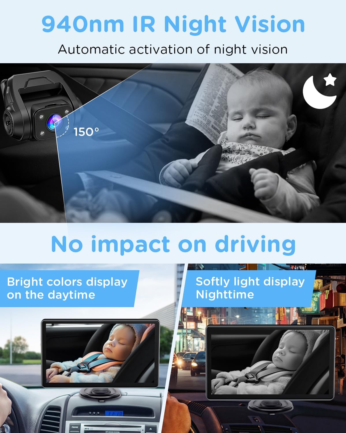 Baby Car Monitor for Backseat, 7" Touchscreen Camera Baby Camera with USB Plug and Play Easy Setup, 150° Wide Angle, Night Vision, Flexible 360 Rotation