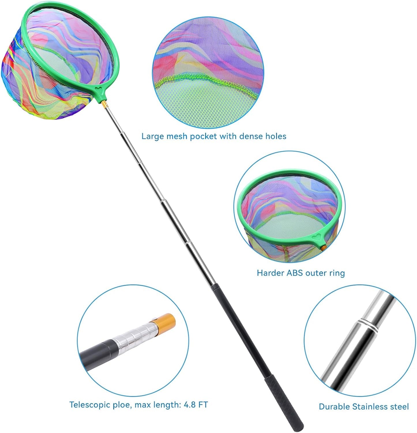 2PCS Fishing Net with Bucket, Telescopic Fishing Landing Net, Collapsible Kids Sand Bucket, Kids Fish Butterfly Catching for Freshwater Saltwater Outdoor Activities