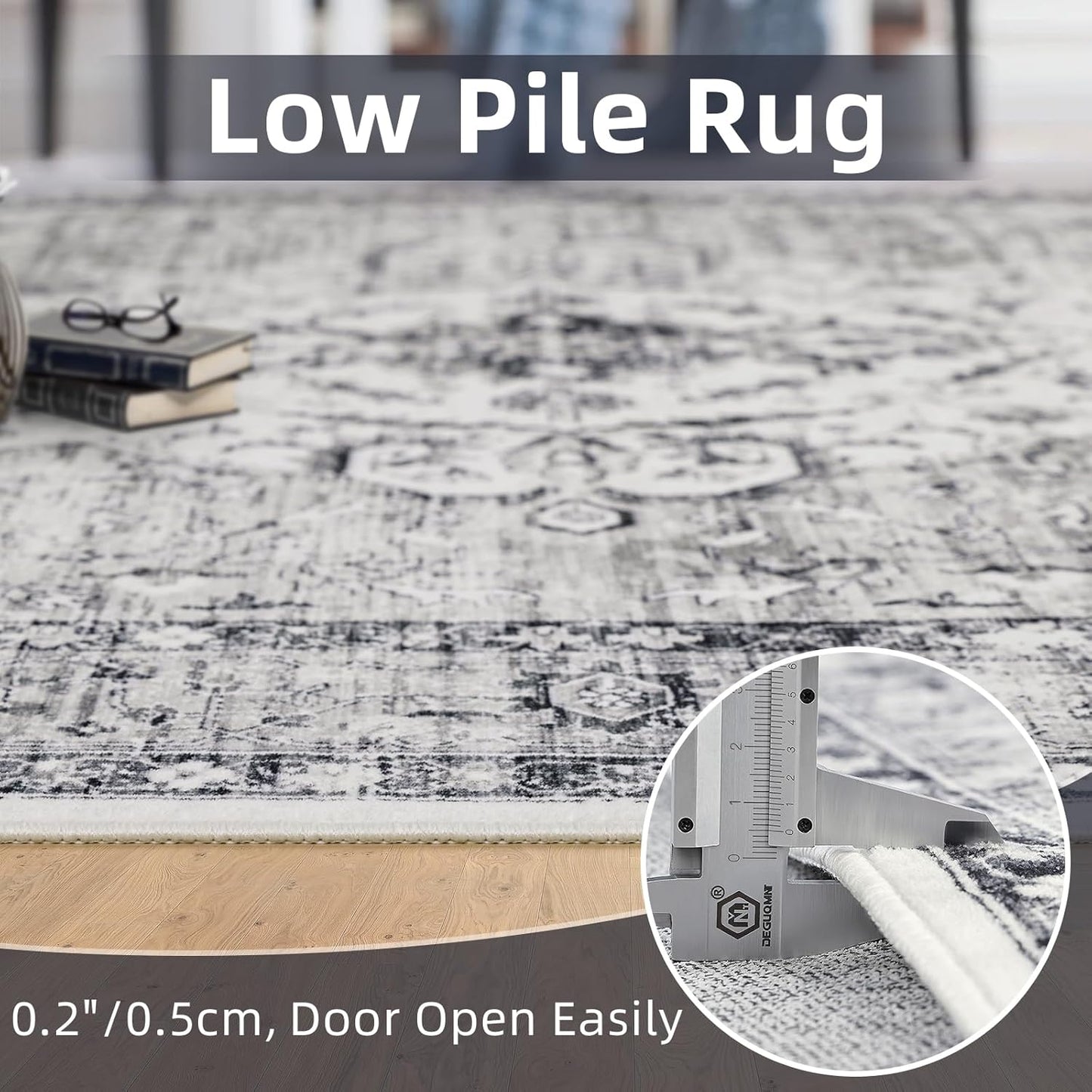 Boho Grey Area Rug 9x12 Rugs for Living Room Distressed Area Rugs, Non Slip Washable Vintage Rugs Carpet Large Rug for Bedroom Dining Room Office, Floor Decoration Big Rug Low-Pile (Grey)