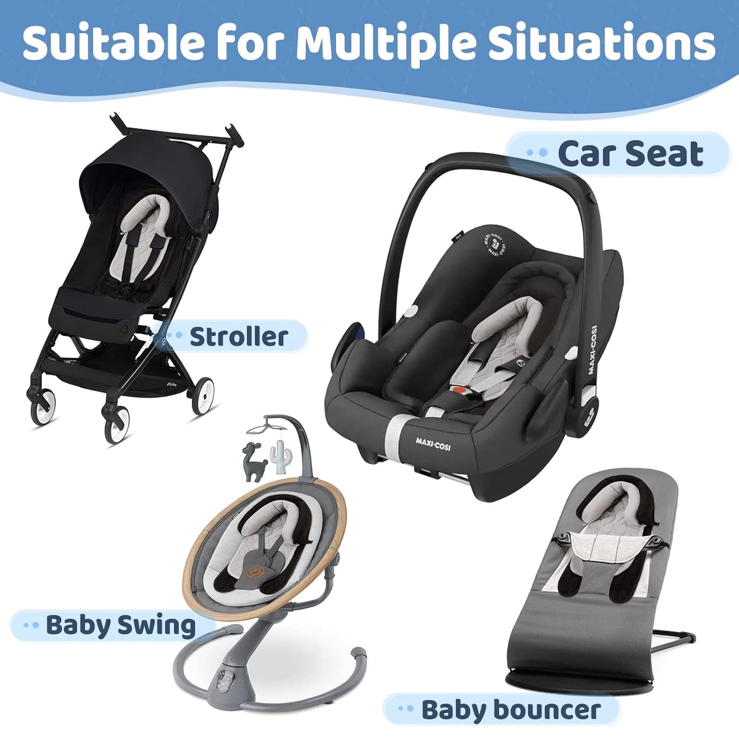Pro Goleem Car Seat Head Support Infant, Soft Infant Car Seat Insert, 2 in 1 Carseat Head Support for Newborn, Perfect for Car Seat, Stroller, Swing, Bouncer, Gray and Black