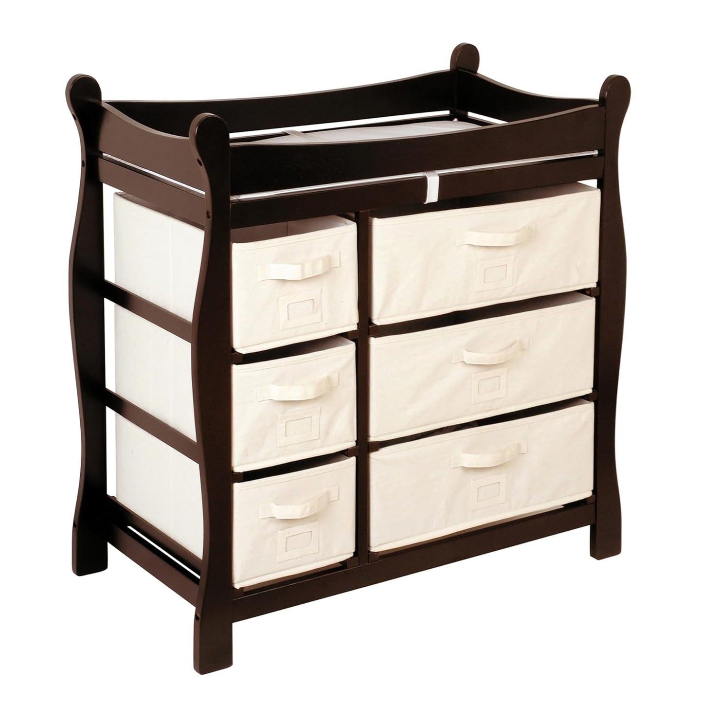 Badger Basket Sleigh Style Baby Changing Table - Diaper Station with 6 Removable Storage Baskets, Safety Rails, Pad, and Belt - Nursery Organizer - Espresso