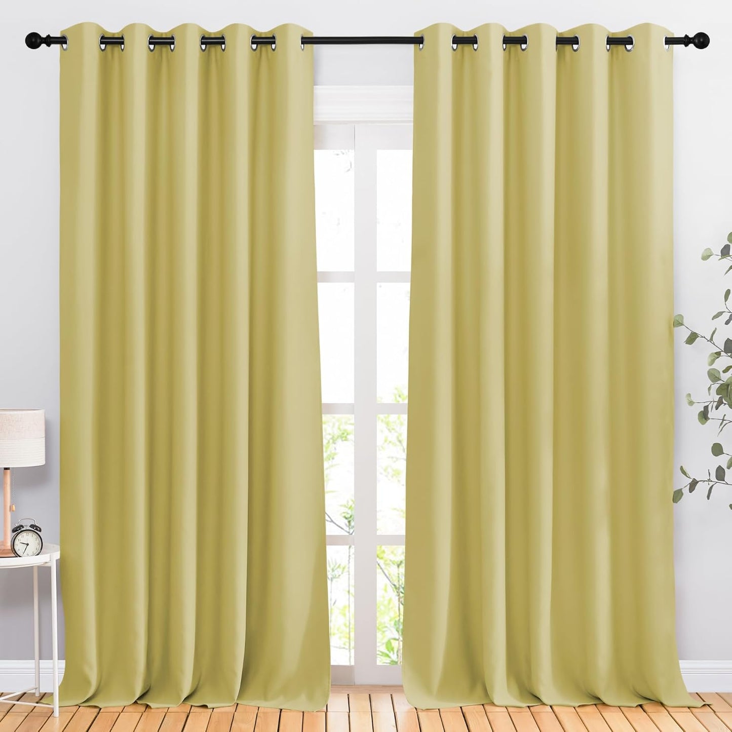NICETOWN Bedroom Room Darkening 110 inch Curtains for Sliding Glass Door, Grommet Thermal Insulated Solid Window Treatments Sound Reducing for Living Room, W66 x L110, Paler Yellow, Set of 2