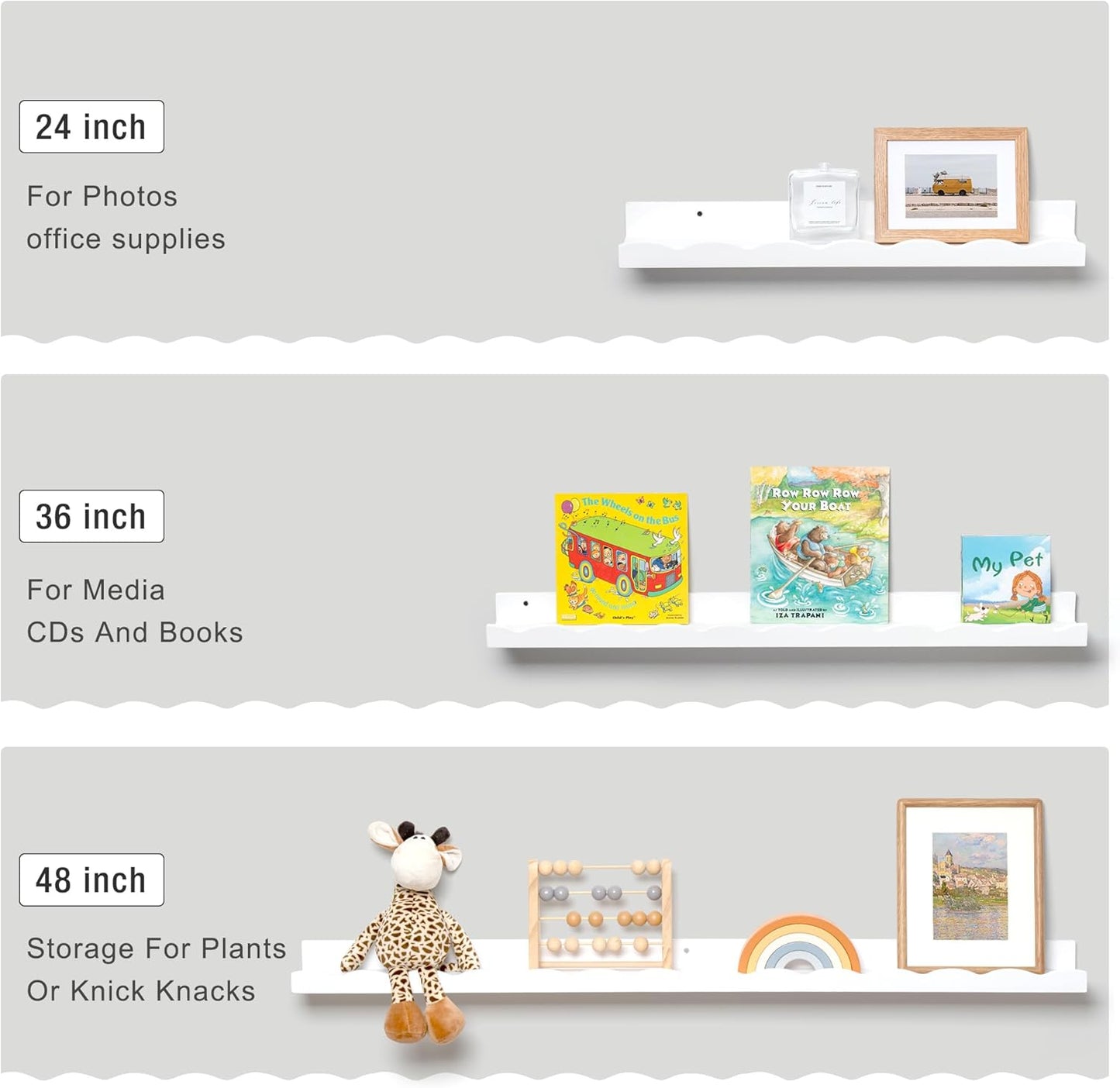 Fun Memories Picture Ledge Shelf for Wall, 36 inch Pine Wood Nursery Book Shelves Set of 2- Wall Book Shelves for Kids Room, Home Decor - Kitchen Spice-White