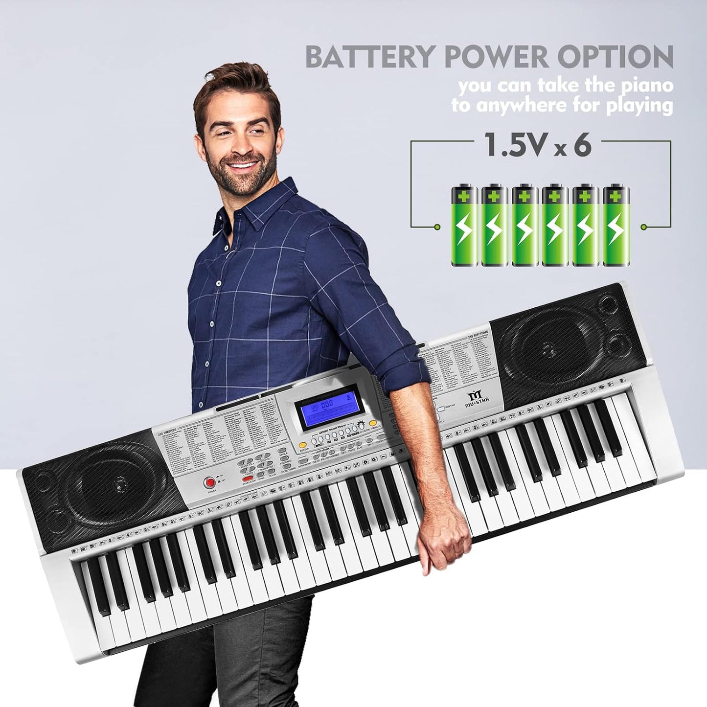 MUSTAR 61 Key Piano Keyboard, MEKS-400 Electric Piano Keyboard with Lighted Up Keys, Learning Keyboards Piano for Beginners, Piano Stand, LCD Screen, Headphones, Microphone
