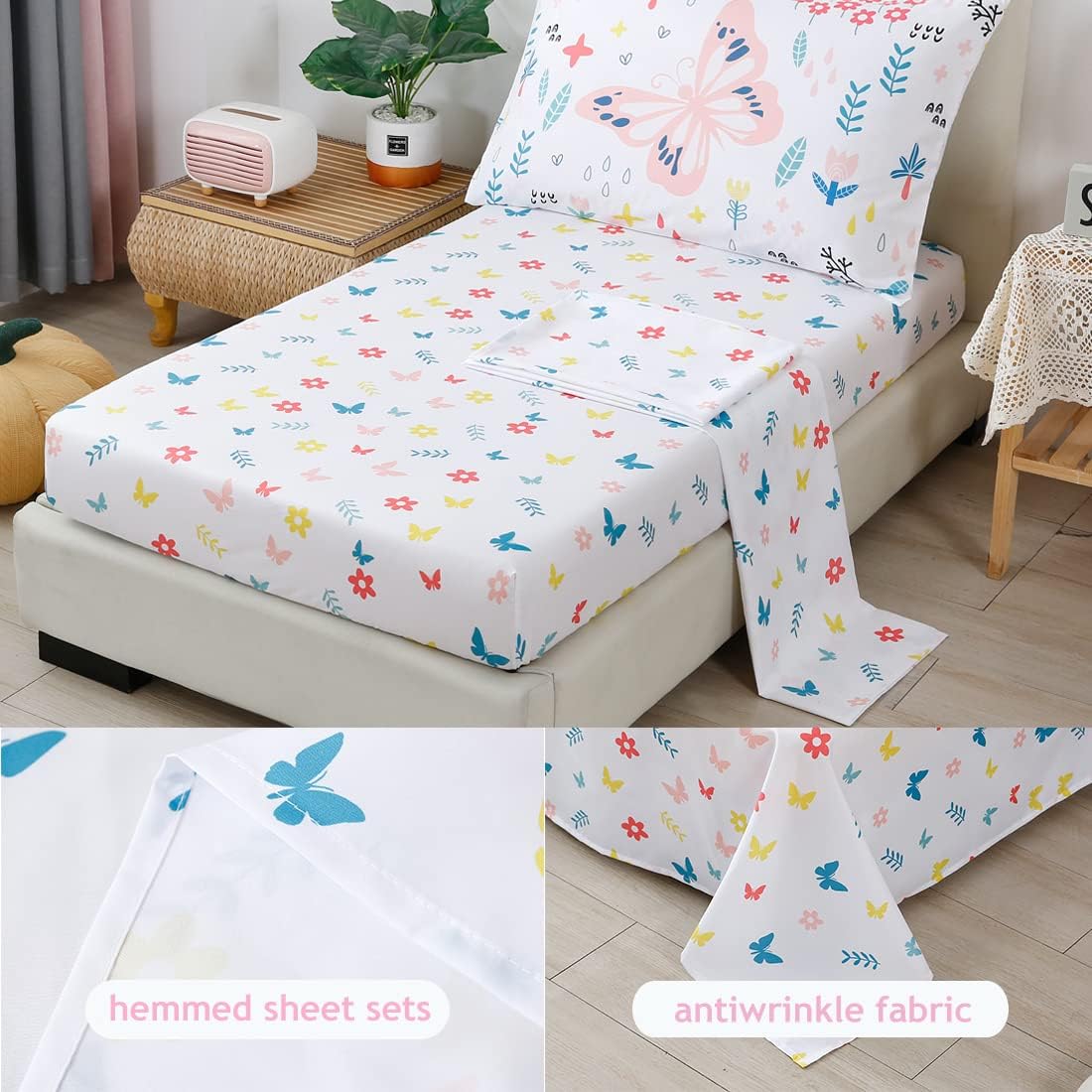 PERFEMET Girls Floral Comforter Set 4 Pieces Flower Bedding Set for Twin Bed Botanical Trees Leaves Butterfly Pattern Comforter for Teens Kids Bed in a Bag for All Seasons(White, Twin)