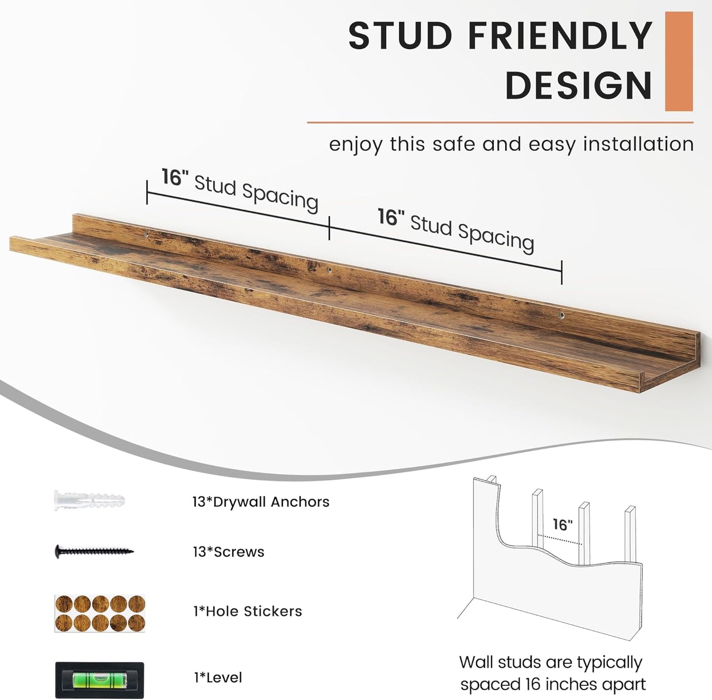 Floating Picture Ledge Shelves for Wall Set of 4, 48 Inch Wall Shelves with Lip Long Large Nursery Book Shelf for Toys Storage Kids Bookshelf Wall Mounted Living Room Bedroom Decor Frames