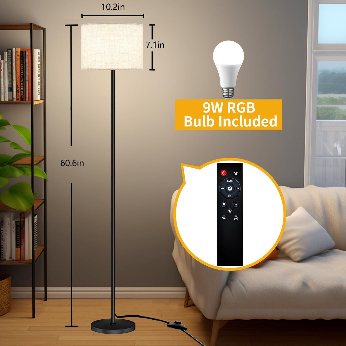 Smart LED Floor Lamp with APP Control & RGB Colors - Dimmable Standing Lamp for Living Room, Bedroom, Gaming - Remote, Timer, 9W Bulb Included, 60.6" Modern Tall Lamp (Beige)