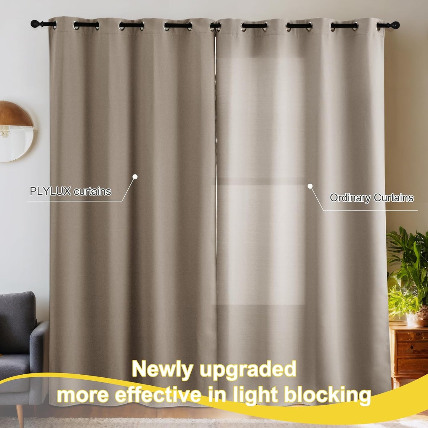 NICETOWN Grommet Plylux Blackout Curtains 95 Inches Long 2 Panels, Light Blocking Window Drapes for Living Room, Thermal Insulated, Noise Reduction, Cappuccino, 52" Wide per Panel