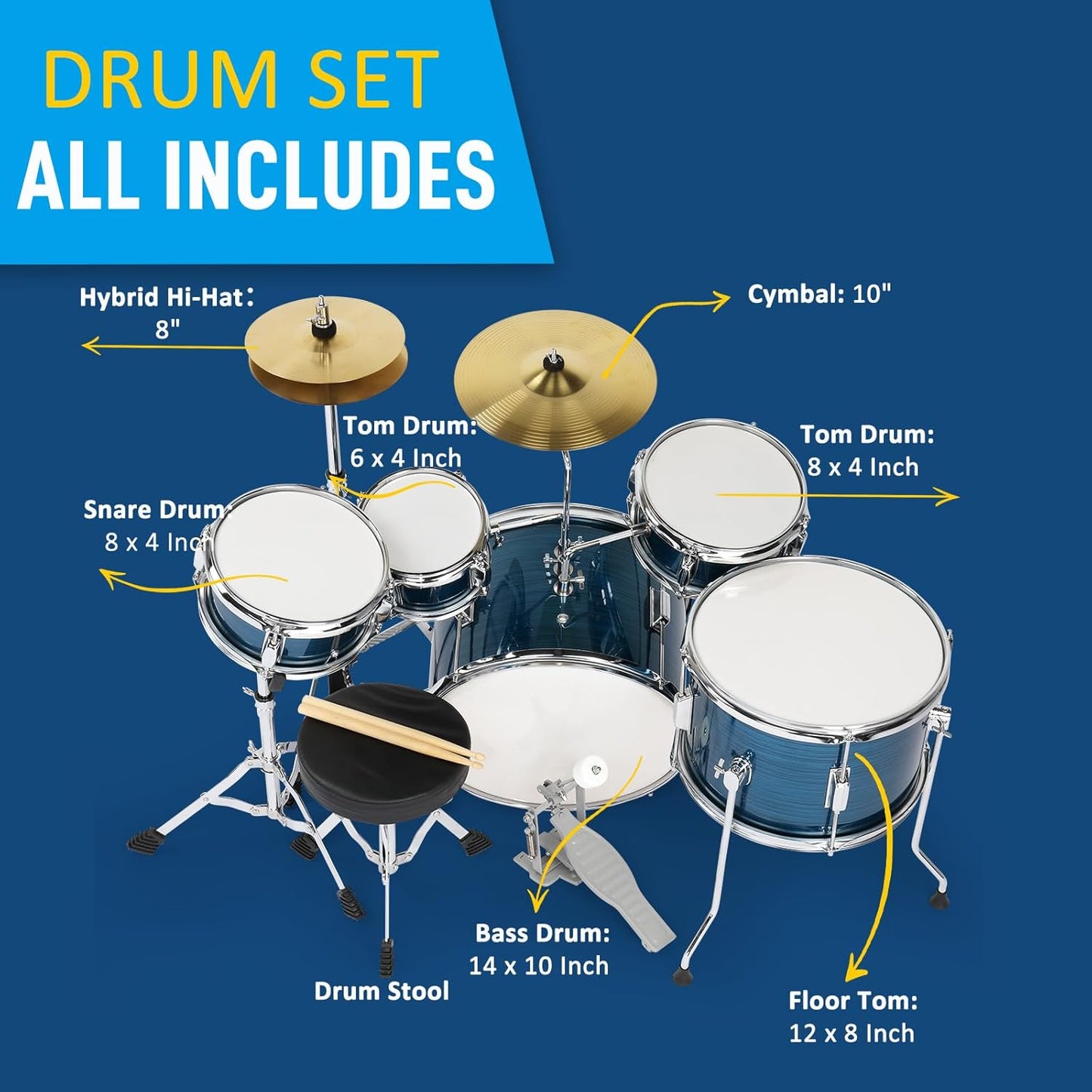 Ktaxon 5-Piece Complete Junior Drums Set, 14 Inch Beginners Drum Kit with Throne Stool, Pedal & Drumsticks, Kids Drums Musical Instruments W/Cymbal, Hi-Hat, Floor, Tom and Snare Drum (Brushed Blue)