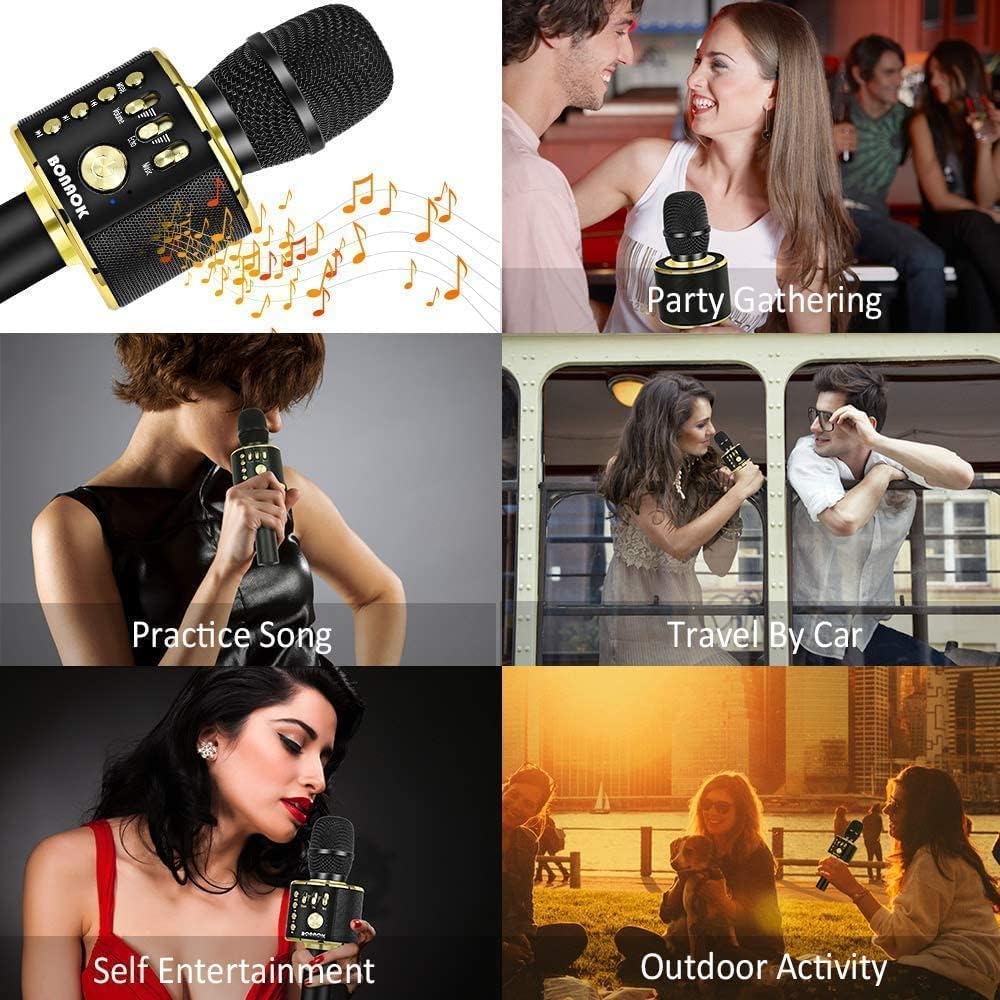 BONAOK Wireless Bluetooth Karaoke Microphone, 3-in-1 Portable Handheld Mic Speaker Machine for All Smartphones, Gifts to Girls Boys Kids Adults All Age Q37(Black Gold)