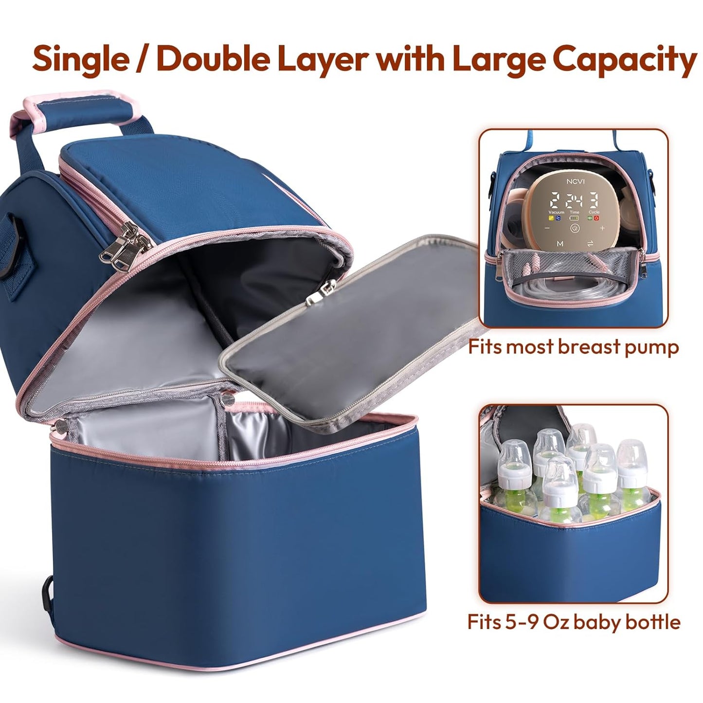 NCVI Breastmilk Cooler Bag, Breast Pump Bag with 2 Ice Pack Fits 6 Bottles, Double Layer Breast Milk Cooler Travel Bag Baby Bottle, for Travel, Nursing Mom Daycare, Work, Picnic (SkyBlue)