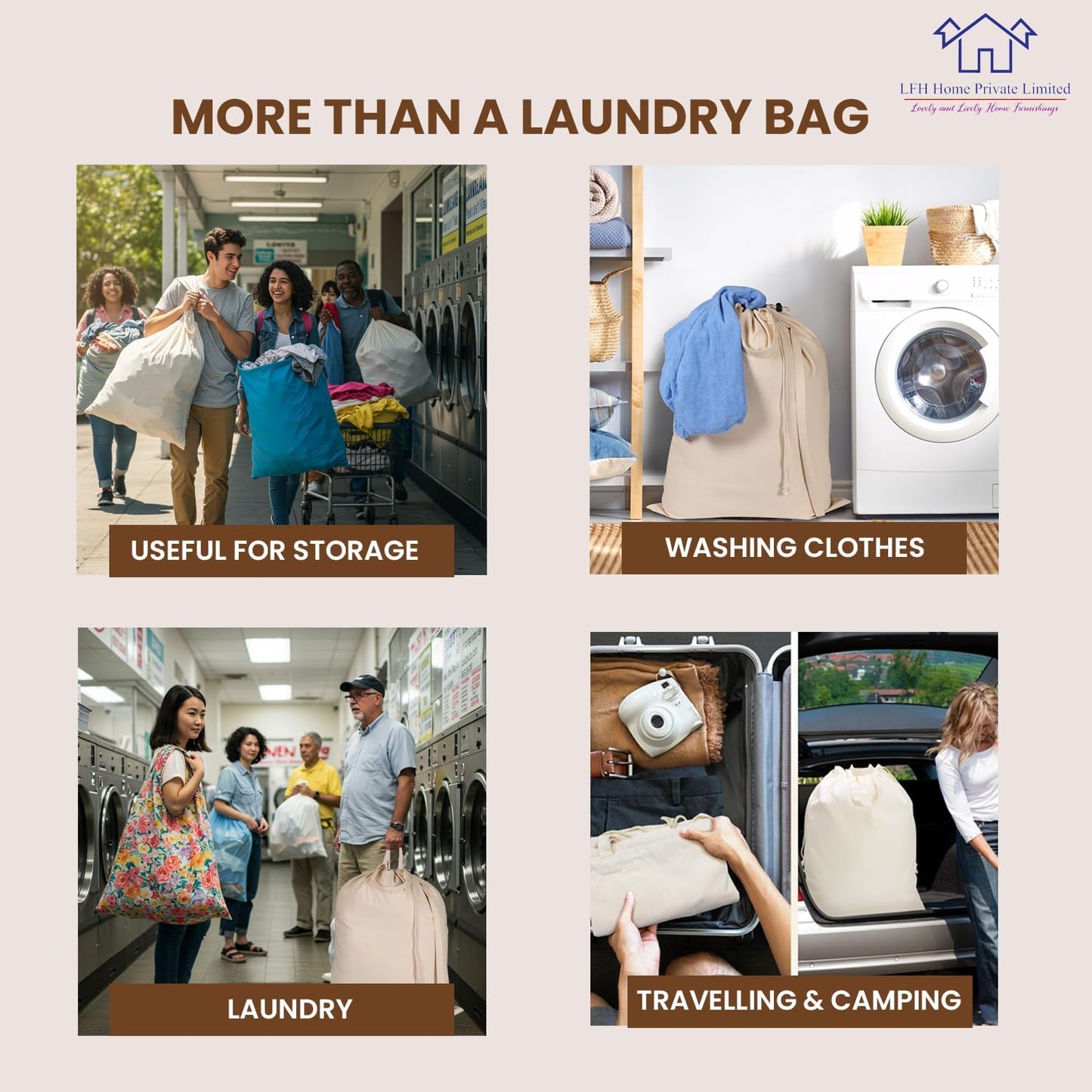 LFH Home Cotton Canvas Extra Large Laundry Bag with Handle, Heavy Duty Drawstring Closure Washable Laundry Bags School Travel, Home, Hotel, College Dorm, Organizer Sack, Toys Clothes 28x36-Natural