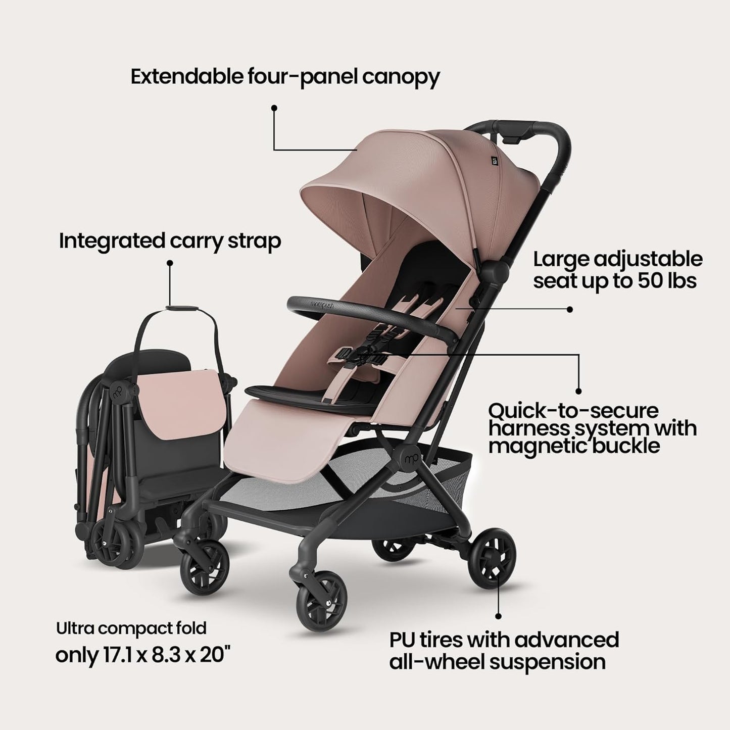 Mompush Velo Lightweight Travel Stroller – One-Hand Fold, Ultra-Compact & Airplane Friendly, Lie-Flat Recline Seat (from Birth to 50 lbs), Includes Cup Holder, Shoulder Strap, and Leather Bumper Bar