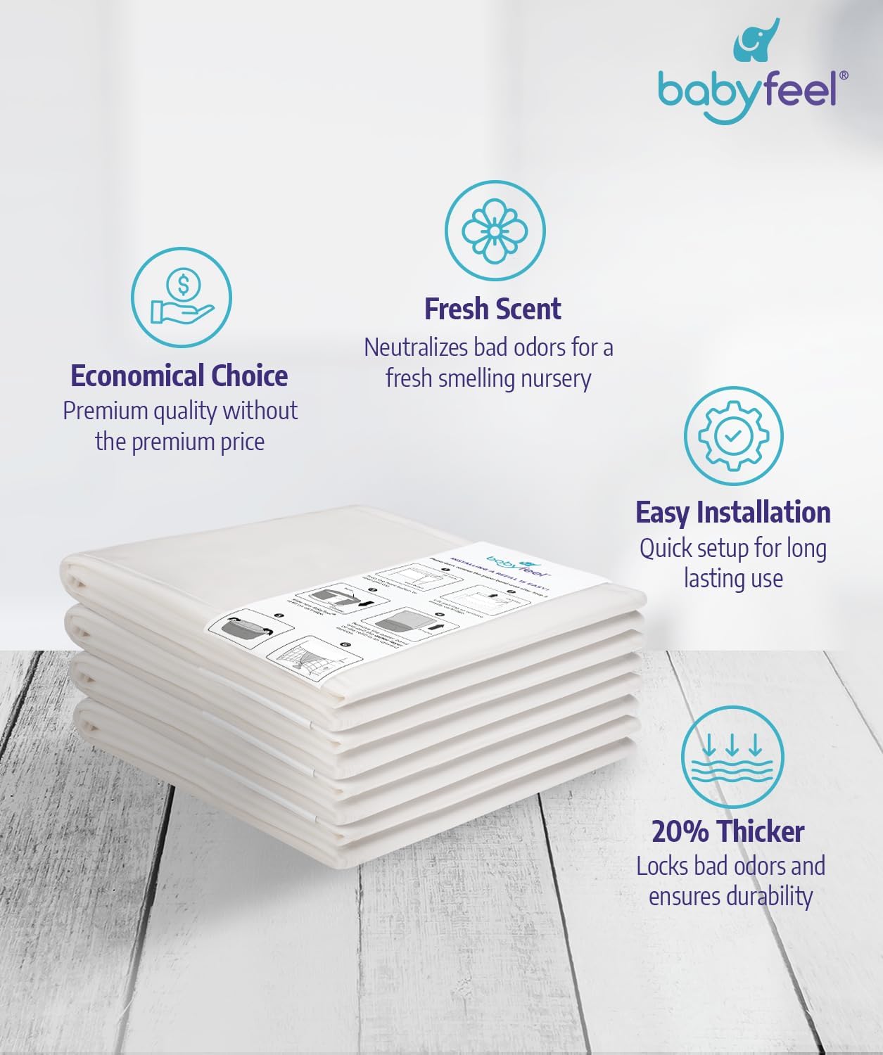 Babyfeel Refills Compatible with DEKOR MINI Diaper Pails | 8 Pack | Exclusive 20% Extra Thickness | Diaper Pail Refills with Powerful Odor Elimination | Powder Scent | Holds up to 2640 Diapers
