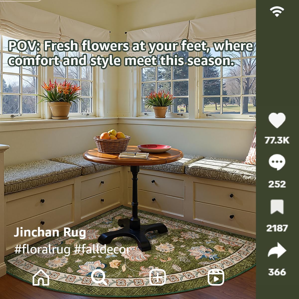 jinchan Floral Corner Rug for Kitchen Washable Nursery Rug Vintage Romance Design Non Slip Quarter Circle Lightweight Low-Pile Throw Carpet for Playroom Reading Nook Office, 5ft Radius, Green