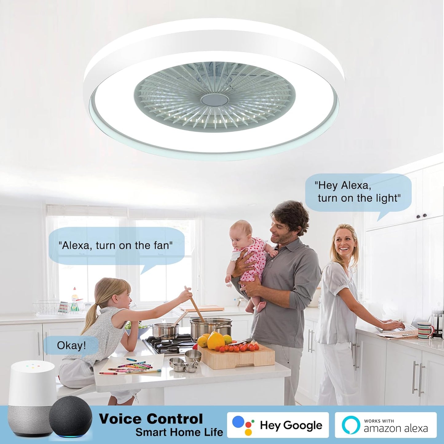 24" Bladeless Ceiling Fan with RGB Light Remote, Smart LED Ceiling Fans with Voice/App Control, Modern Low Profile Dimmable Light Ceiling Fan for Bedroom Living Room