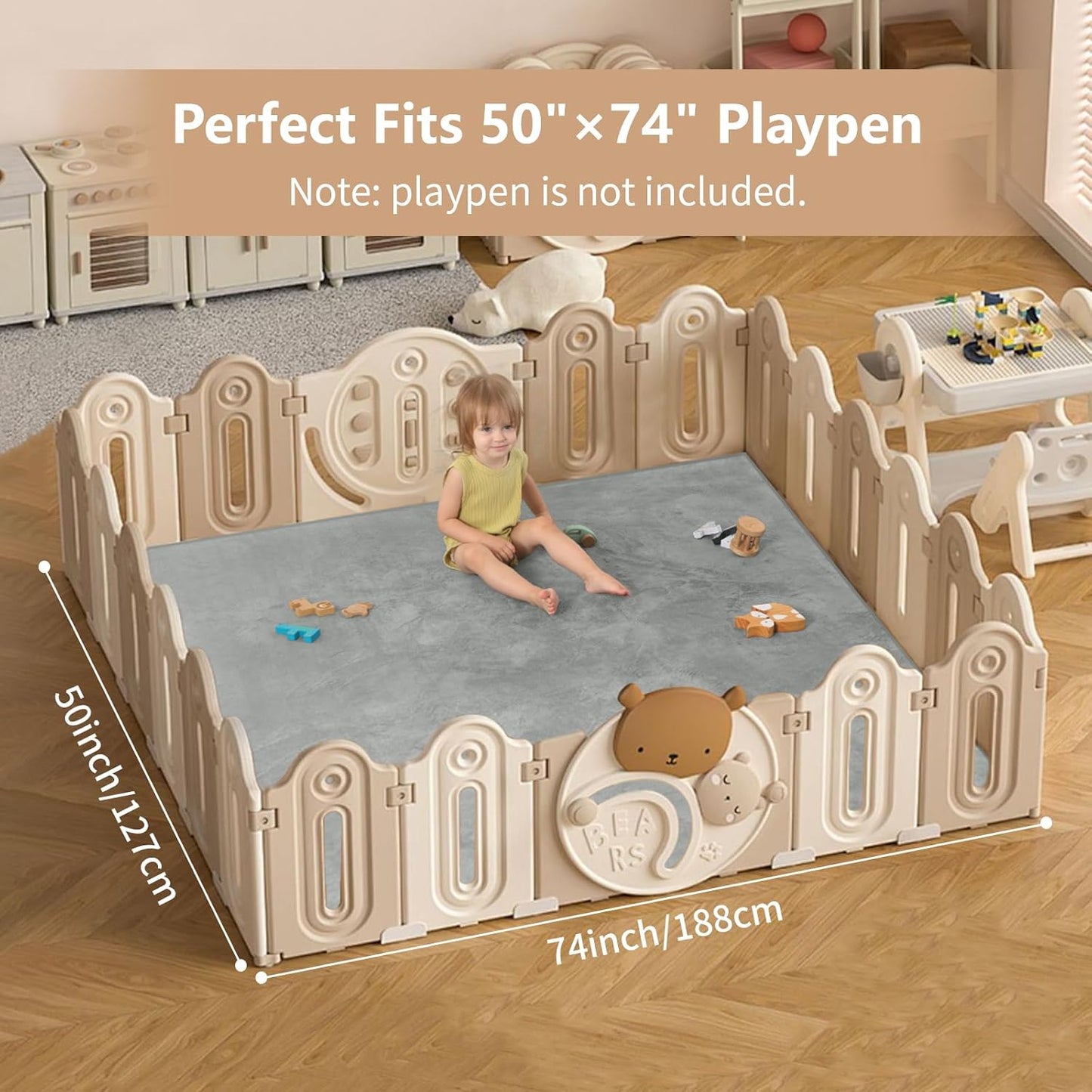 Baby Play Mat for Floor,Extra Large 59"×71" Tummy Time Mat,Thicker Memory Foam Mat for Toddler,Infant,Kid,Water Repellent Ultra Soft Coral Velvet,Non-Slip Backing Safe for Crawling(Light Grey)