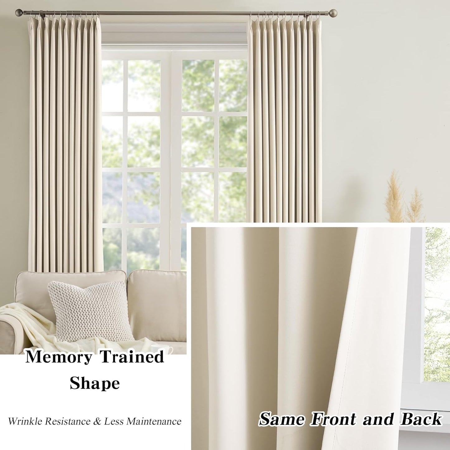 KEQIAOSUOCAI Cream Beige Curtains 72 inch Wide x 108 inch Long 2 Panels - Thermal Room Divider Curtains for Bedroom/Living Room/Patio, Wide Width Pinch Pleated Ceiling Track Curtain Panel with Hooks