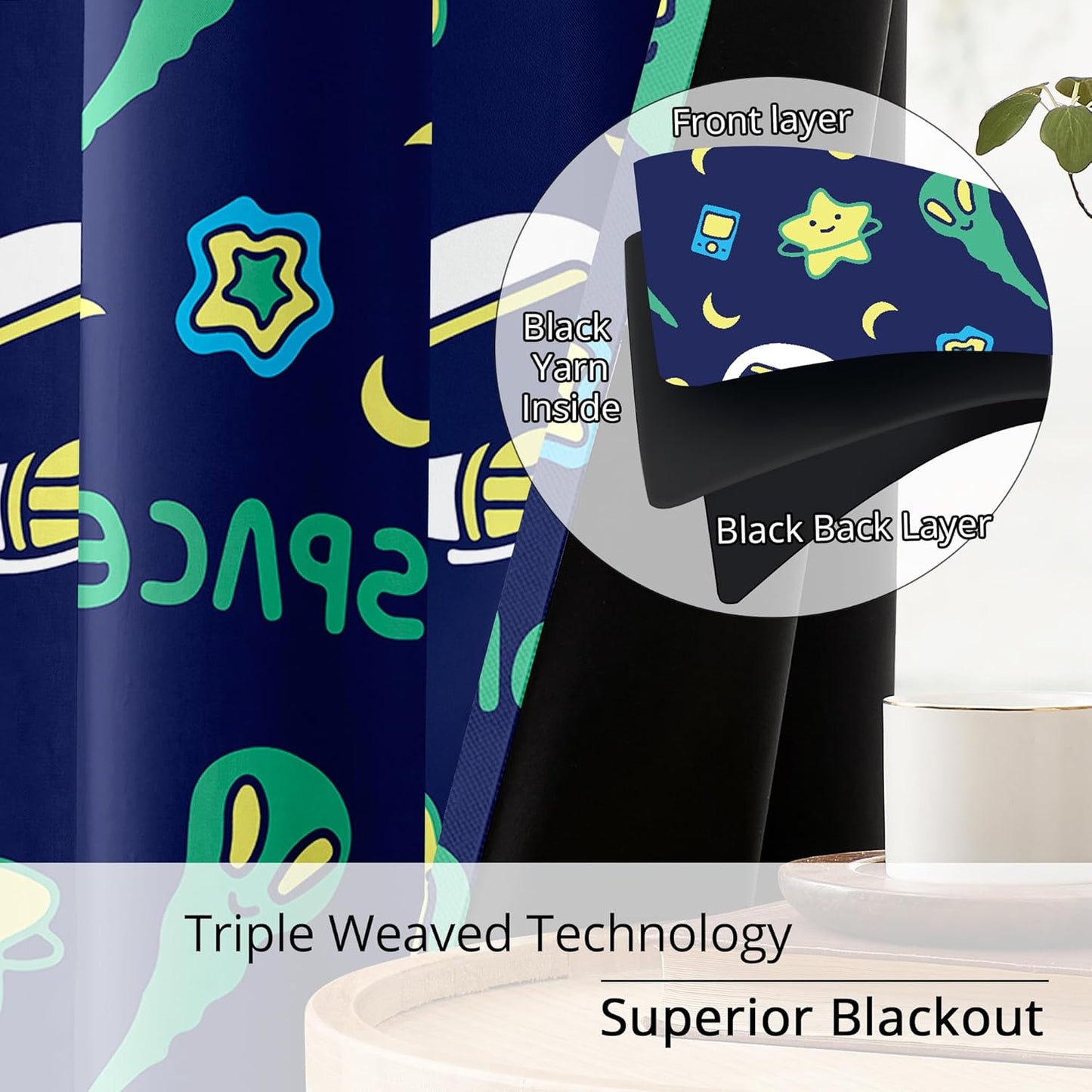 Kids Space Alien Blackout Curtains - 100% Blackout, Thermal Insulated, Noise Reducing, Perfect for Kids Room and Nursery, 2 Panels (Friendly Alien, W52×L84)
