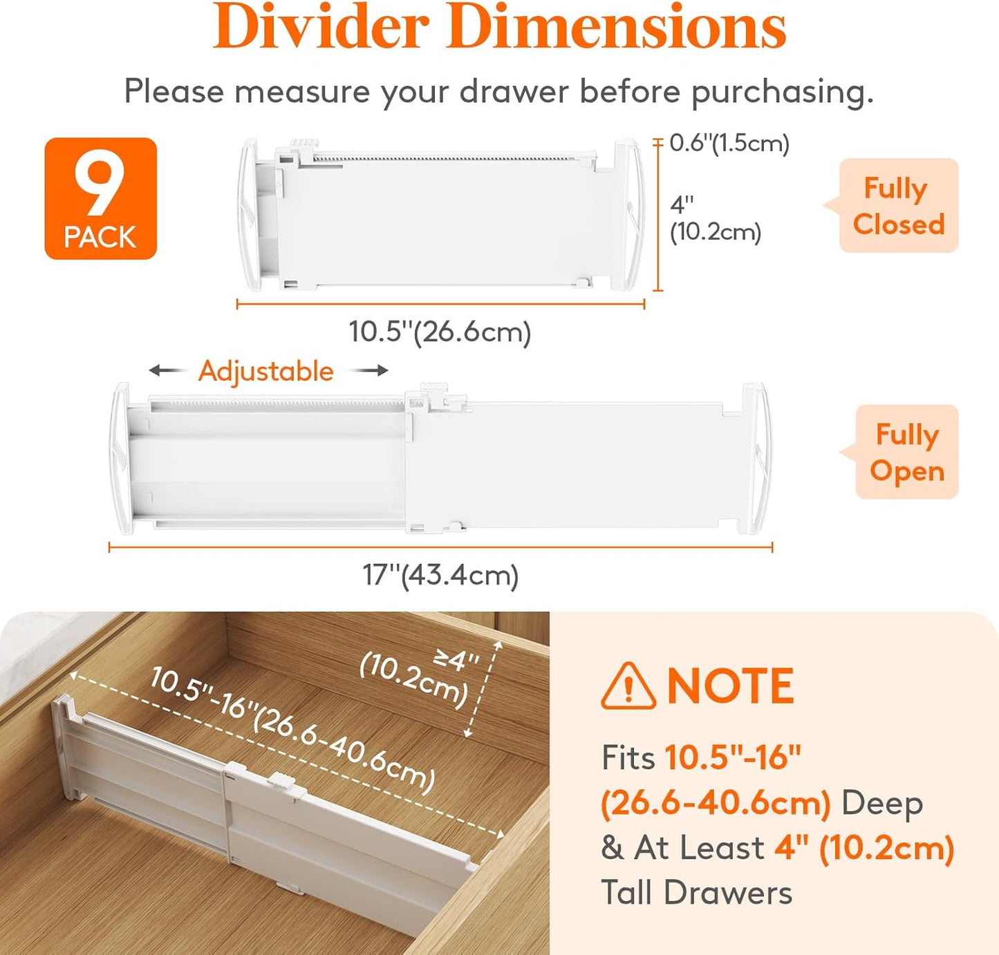 Lifewit 9 Pack Drawer Dividers 4" High, 10.5-16.5" Dresser Drawer Divider, Adjustable Drawer Organizers for Clothes, Plastic Drawers Separators for Dresser, Bedroom, Bathroom, Kitchen, Office