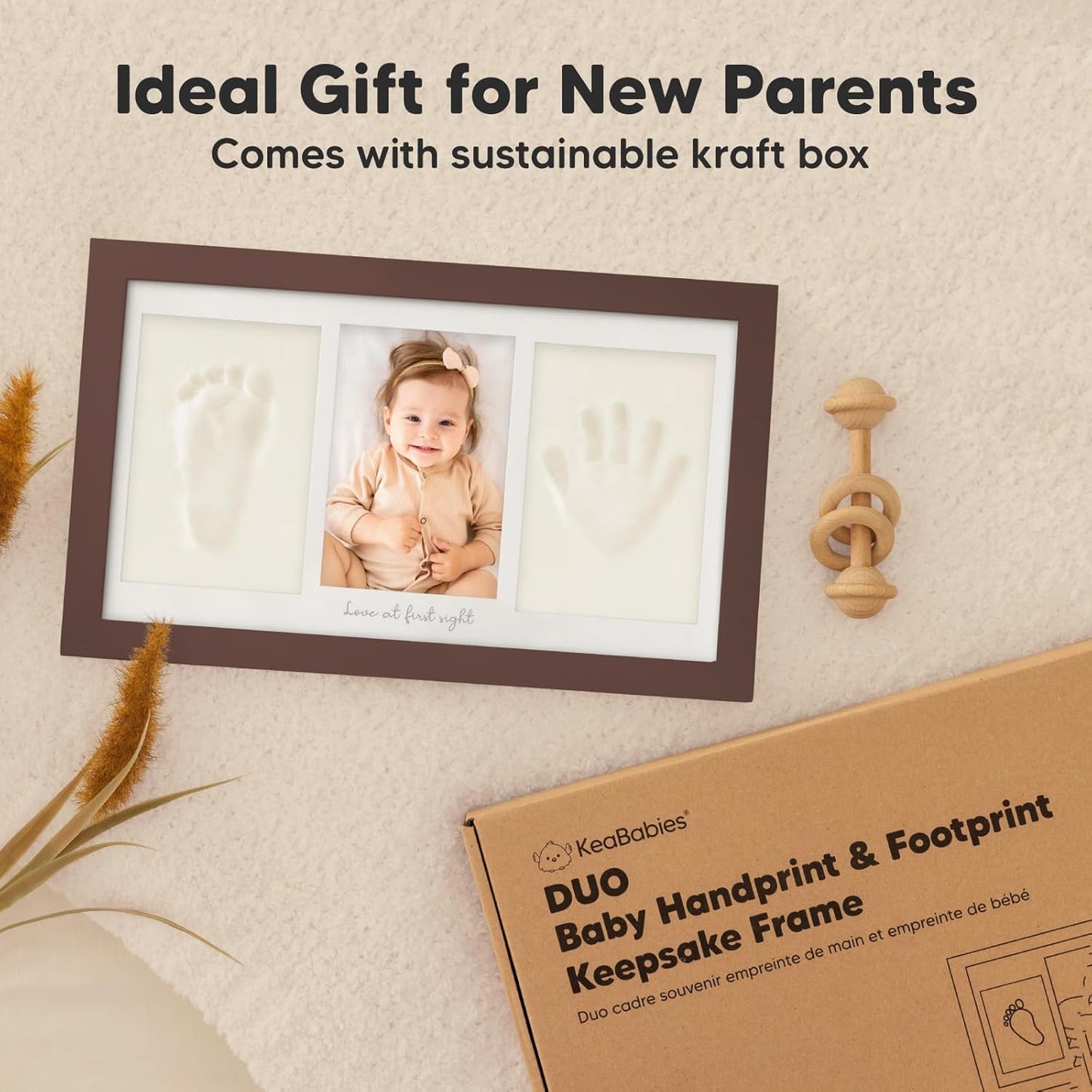 Baby Hand and Footprint Kit - Clay Handprint Keepsake Frame, Newborn Nursery Picture Frame, Personalized New Mom Gifts for Baby Shower & Registry (Cedar)