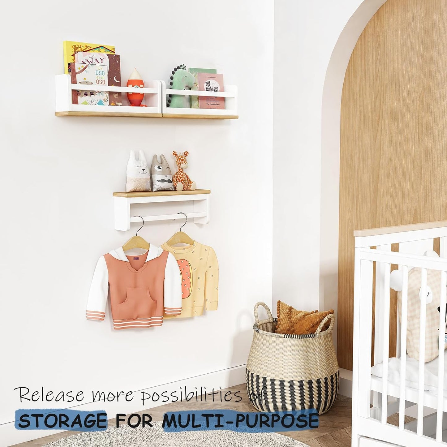 Upgraded Floating Nursery Book Shelves for Wall, White and Natural Kids Bookshelf Wall Mounted, Wood Baby Toddler Children Hanging Bookshelves for Kids Room Bedroom - Set of 3