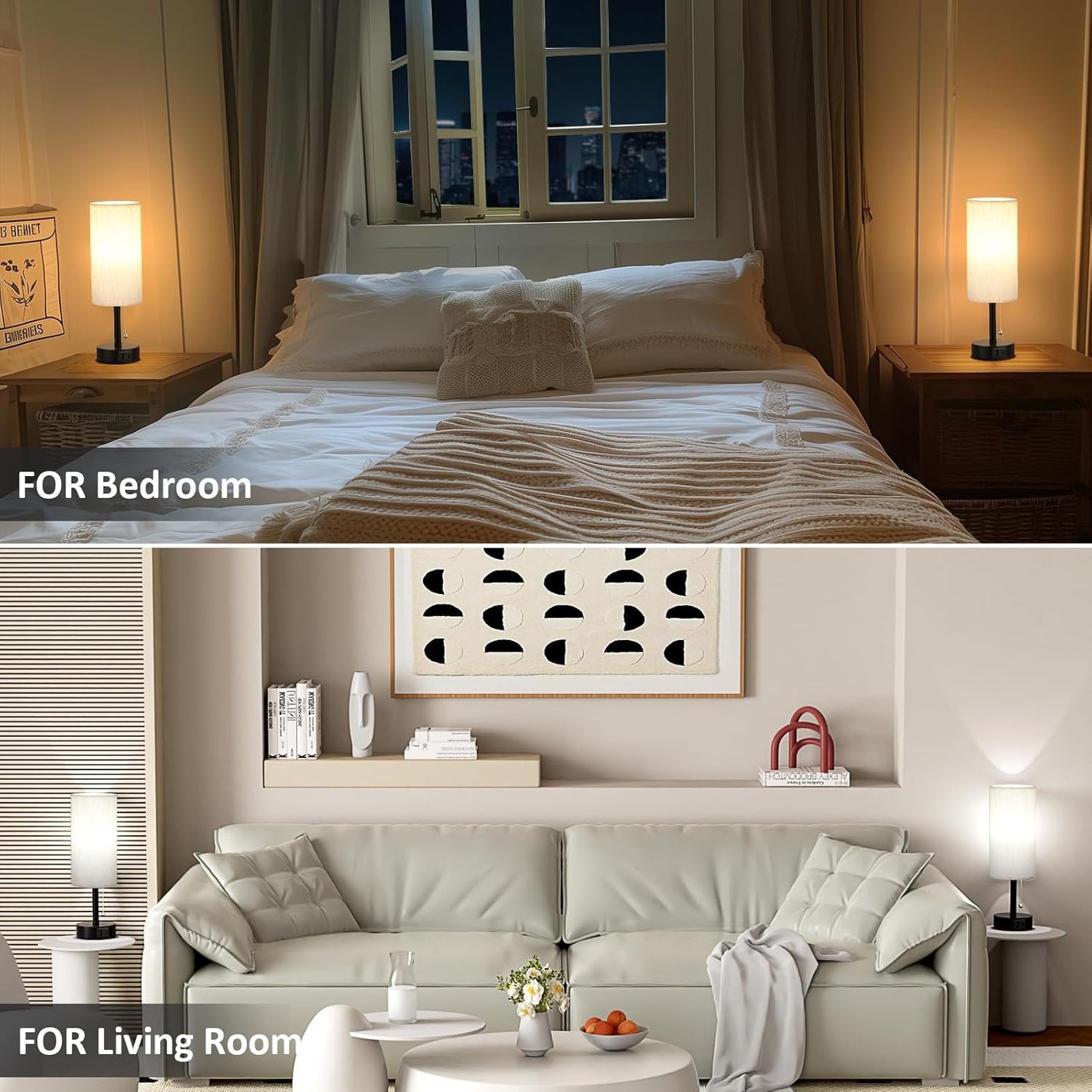 USB Bedside Table Lamps Set of 2-3 Color Temperatures Pull Chain Lamp with USB C and A Charging Ports, Round Night Stand Lamps for Bedroom