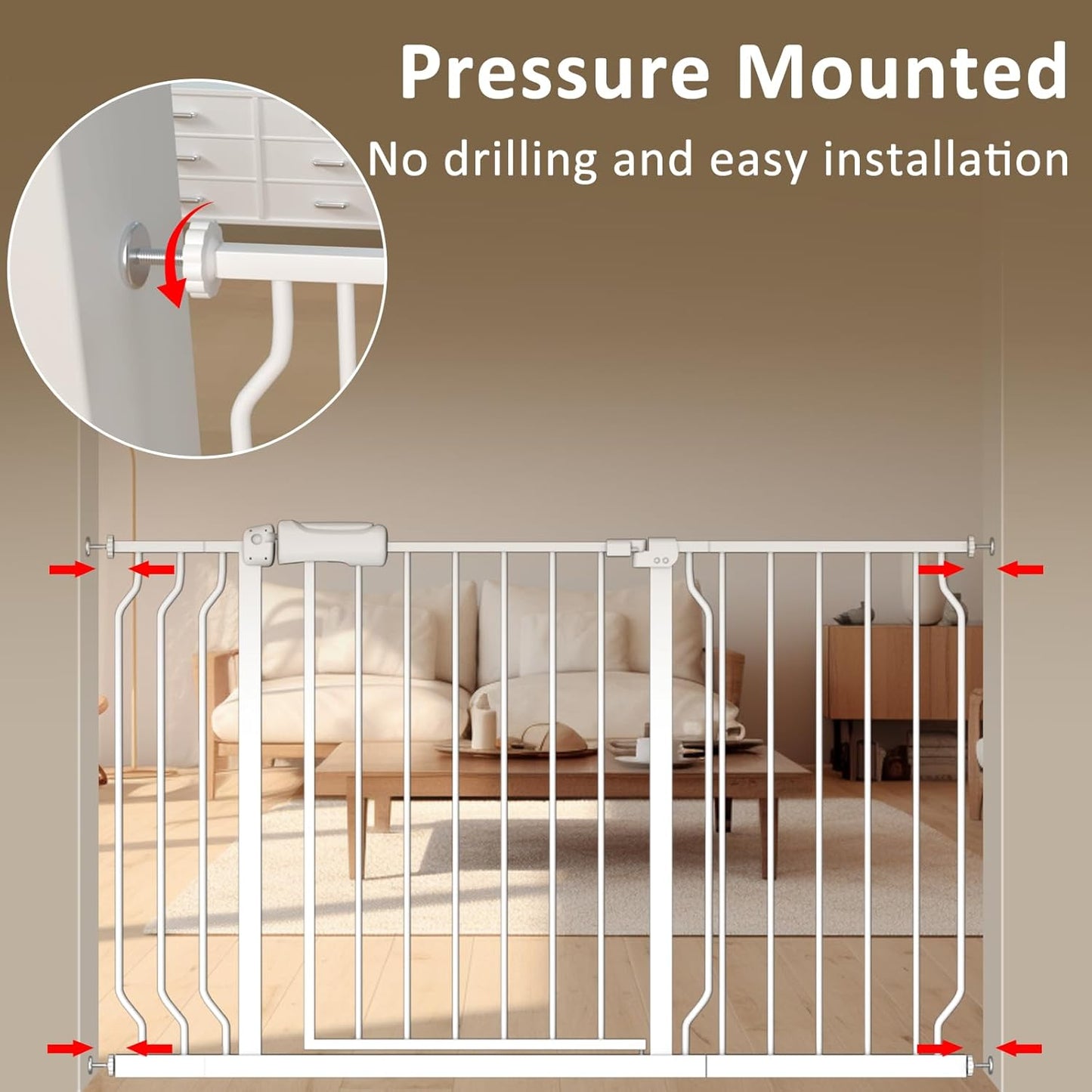 ALLAIBB Extra Wide Baby Gate Pressure Mount with Auto-Close, White Metal Safety Gate for Stairs & Doorways - Child Proof, Pet Barrier for Hallways, Kitchen, Living Room for 38.58-43.31 inch