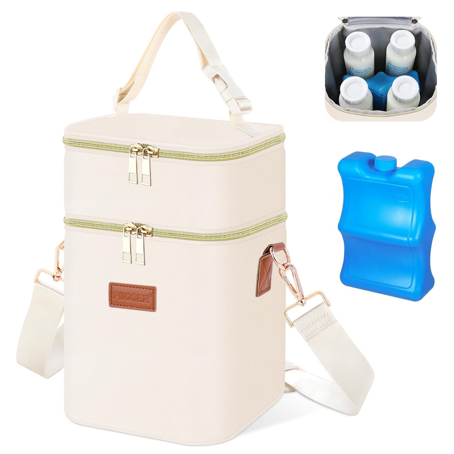 PIIOSER Baby Bottle Tote Bag with Ice Pack, Fits 4 Baby Bottles Up to 9 Ounce, Small Insulated Breastmilk Cooler Travel Bag with Shoulder Strap for Nursing & Working Mom Daycare (Cream-S)