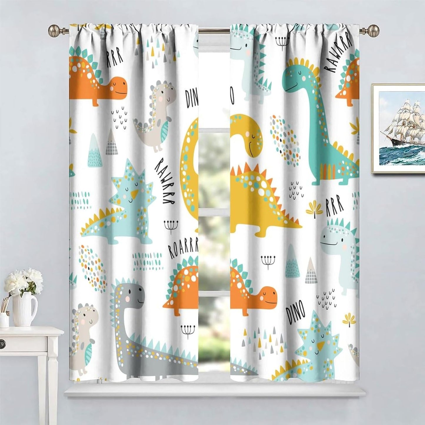 Dinosaur Curtains for Kids Boys Girls Home Decor Childish Cute Dino Animals Print Pattern Rod Pocket Blackout Window Drapes for Nursery Baby Bedroom Playroom W21xL54in 2 Panels