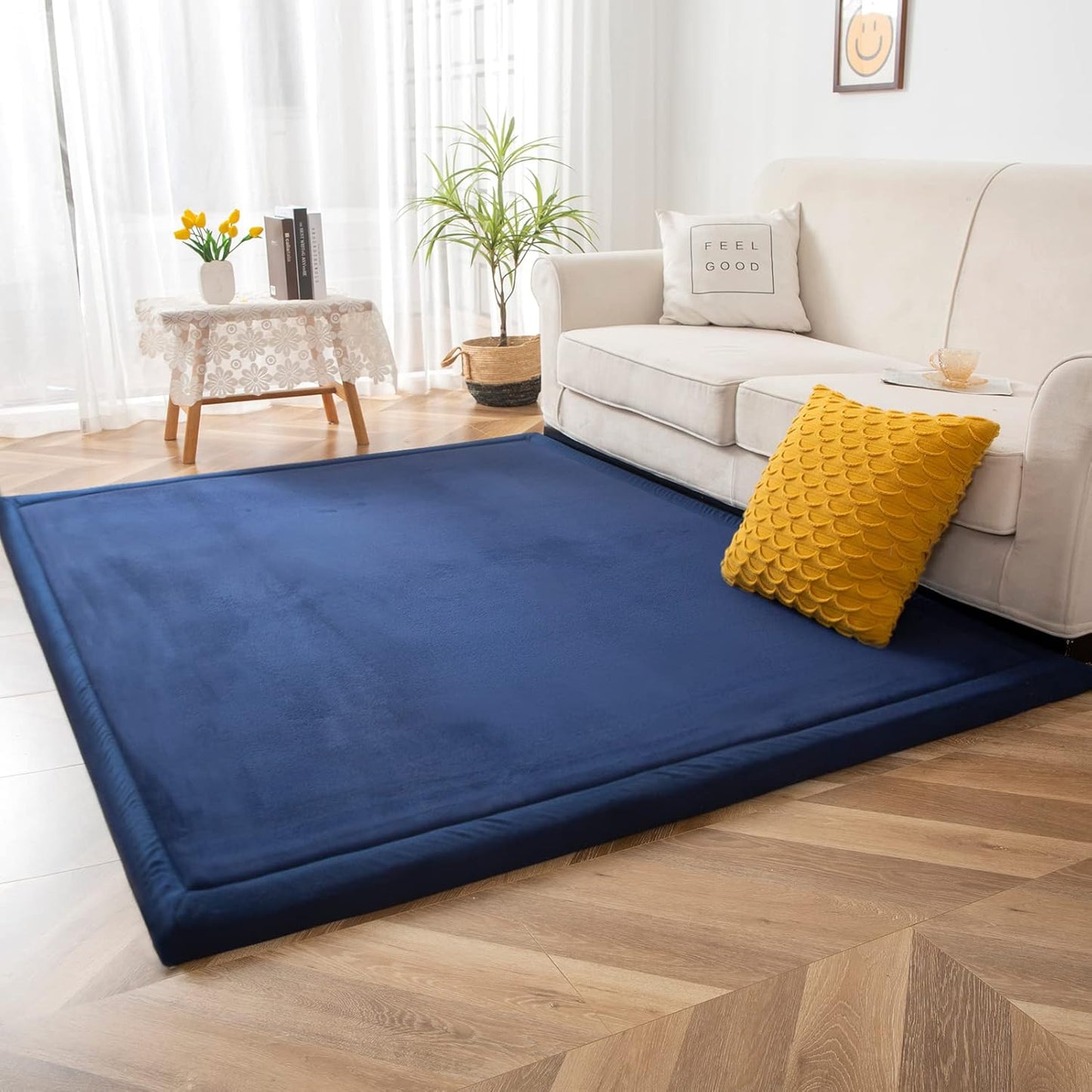 MAXYOYO Black Coral Velvet Area Rug, Thick Japanese Tatami Mat Living Room Carpet with Non-Slip Backing, Large Solid Color Mat for Bedroom Dormitory Yoga, 49 by 49 inch