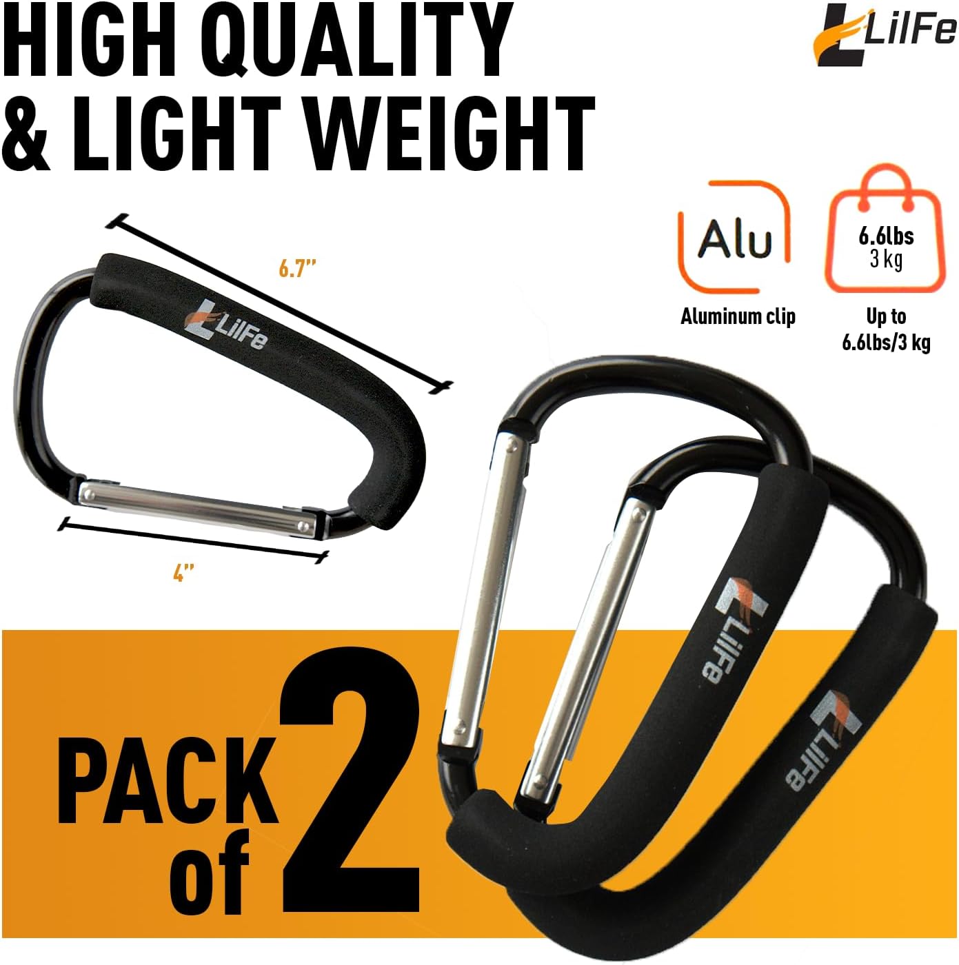 LilFe Stroller Hooks, 6.7" Large Stroller Clip, 2 Pack Large Carabiner Stroller Hooks for Hanging Bags and Shopping, Stroller Accessories for Mommy
