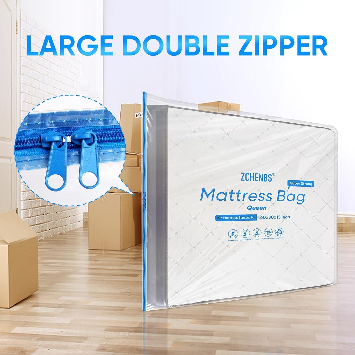 ZCHENBS® – Mattress Bags for Moving and Storage,Mattress Bag with Zippers,5 Mil Ultra-Thick Bed Bag,Waterproof,Anti-Tear,Heavy-Duty Mattress bag (Transaparent/Blue, Queen-(1 Pack))