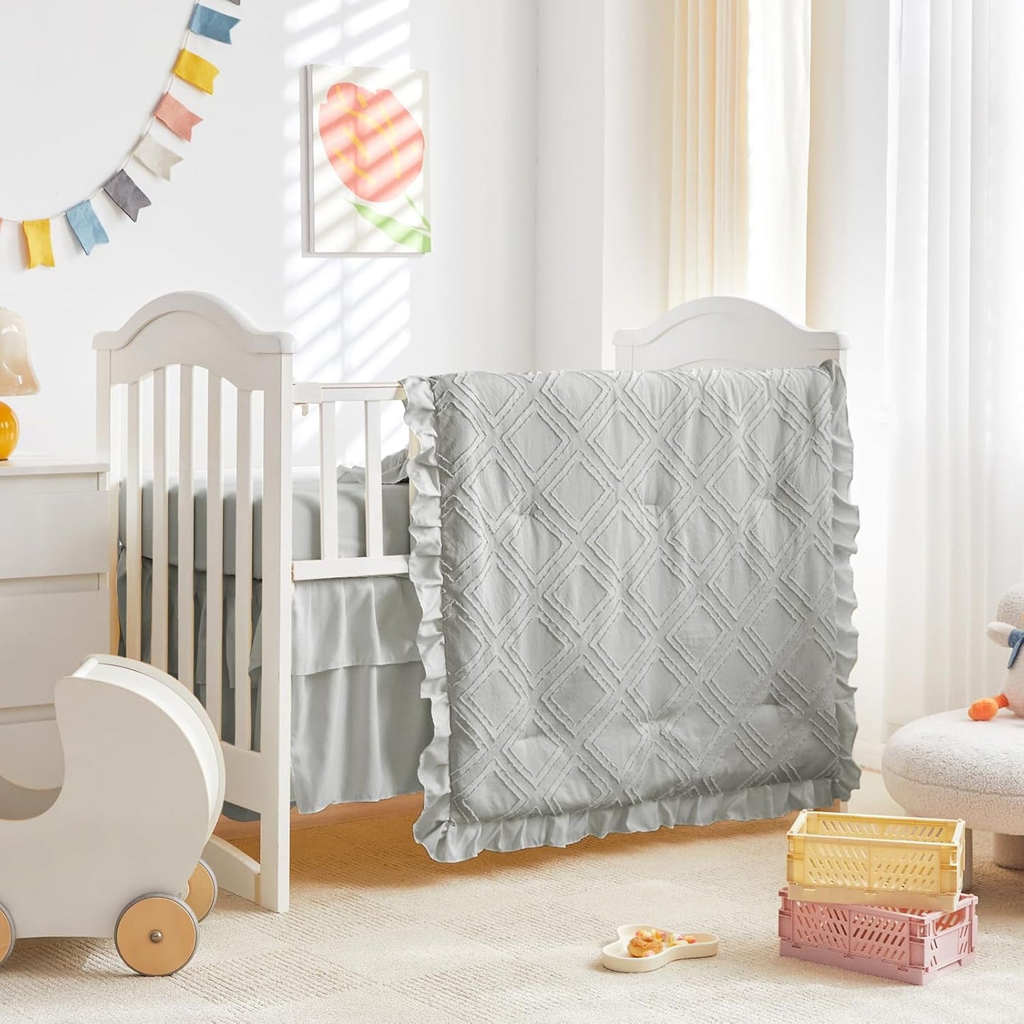 Tufted Ruffle Crib Bedding Set 3 Pieces Baby Girls Boys Boho Quilted Comforter with Fitted Sheet and Bed Skirt - Cute Ruffled Shabby Chic Baby Bedding Soft Blanket Design Light Gray