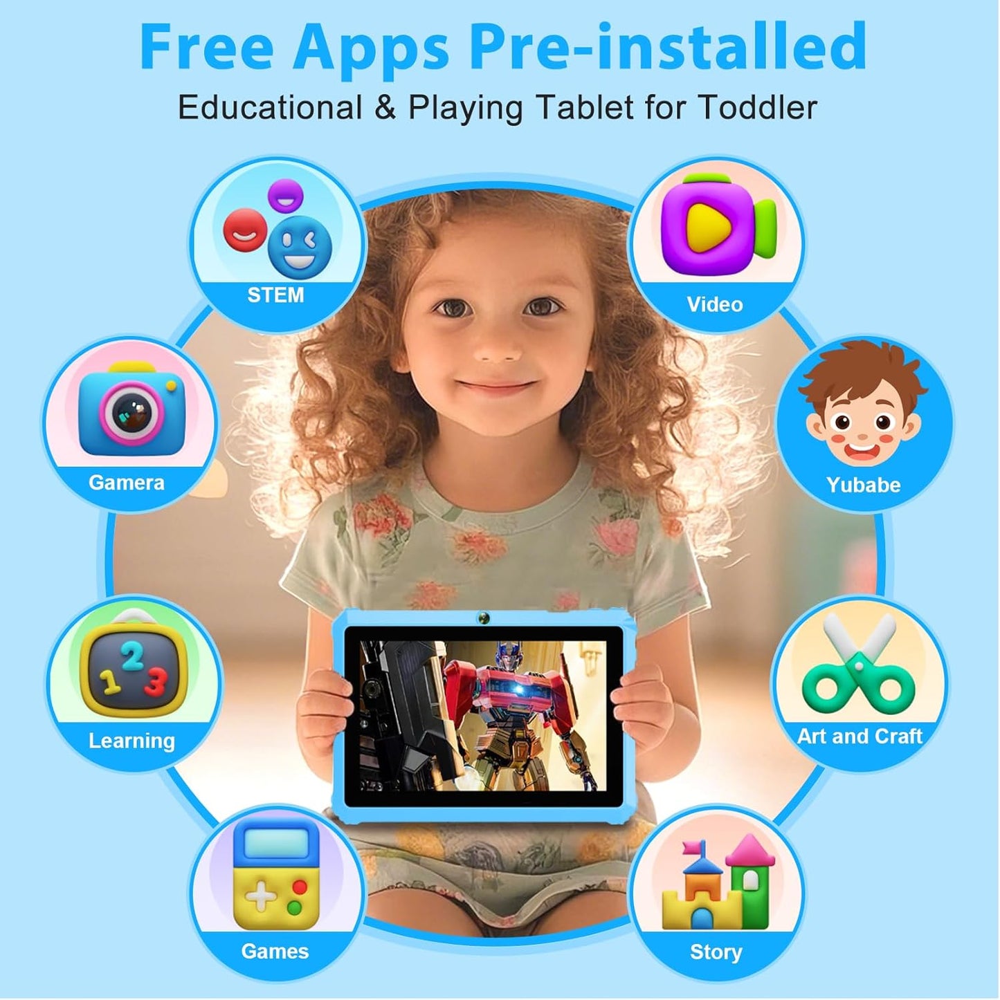 YINOCHE Kids Tablet 7" Android Tablet for Kids 3-7 32GB Tablets for Toddlers with Case WiFi Parental Control Dual Camera GMS Certified Toddler Learning Tablets for Children (Blue)