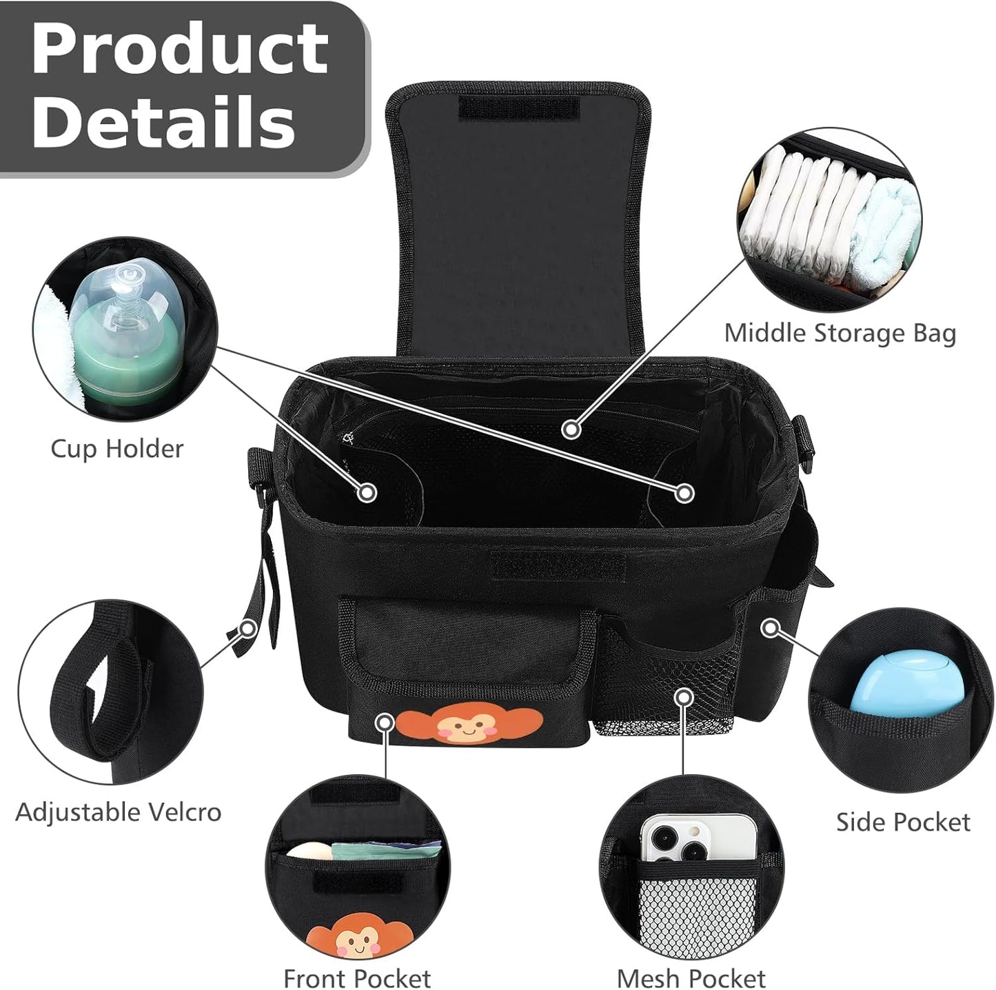 Accmor Universal Stroller Organizer with Cup Holder and Shoulder Strap, Stroller Bag Caddy Organizer Stroller Accessories for Uppababy, Baby Jogger, Nuna, Doona, Britax Strollers