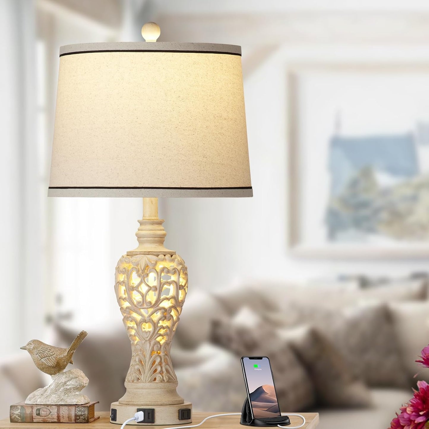 Table Lamps Set of 2, Farmhouse Table Lamps with Nightlight, Rustic Bedside Lamps with Dual USB & AC Outlet, 25.2'' Beige Vintage Nightstand Lamps for Bedroom Living Room, Bulbs Included