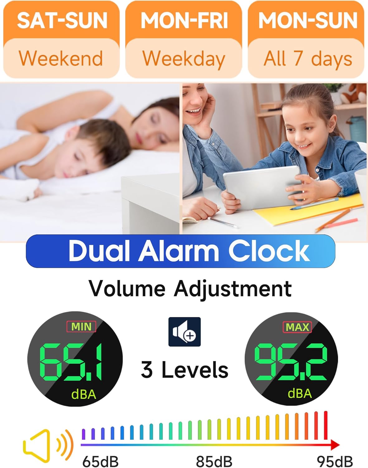 Cadmos Extra Loud Alarm Clock for Heavy Sleepers Adults,Teens,Kids,Rainbow Clock for Bedrooms,Small Bedside Digital Clock with Large Display,7 Color Night Light,12/24h(Black+Dynamic)