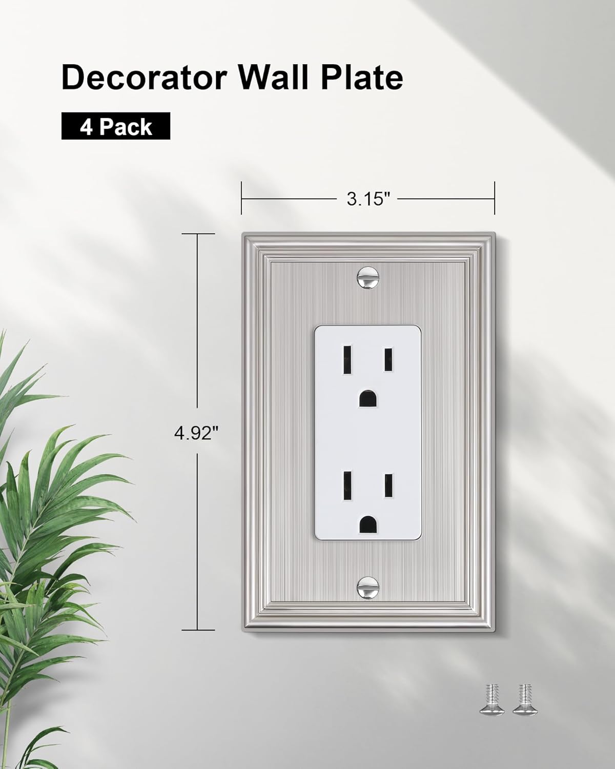 4-Pack Decorator Outlet Cover Plate, Brushed Nickel Decorative Switch Plates and Outlet Covers, Durable Zinc Alloy Wall Plates for Electrical Outlets, Receptacle, GFCI Outlet, Dimmer Switch