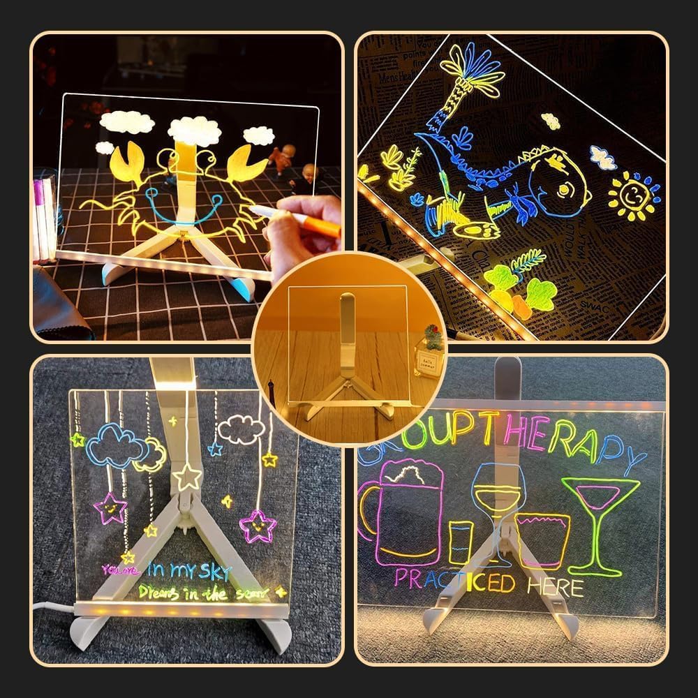 LED Drawing Board, Light Up Erasable Acrylic Message Board with Night Light, Neon Writing Tablet with Adjustable Stand & 12 Color Pens for Kids, Office, and Home Decor (7.9 * 7.9in)
