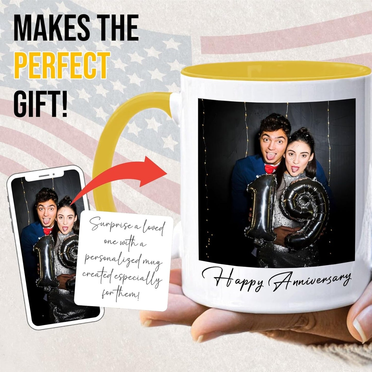 Ship Next Day Custom Mug Design Your Own Photo Text Personalized Picture Gifts for Women Men Customized Gifts Idea Personalized Coffee Mugs 11oz Yellow Handle