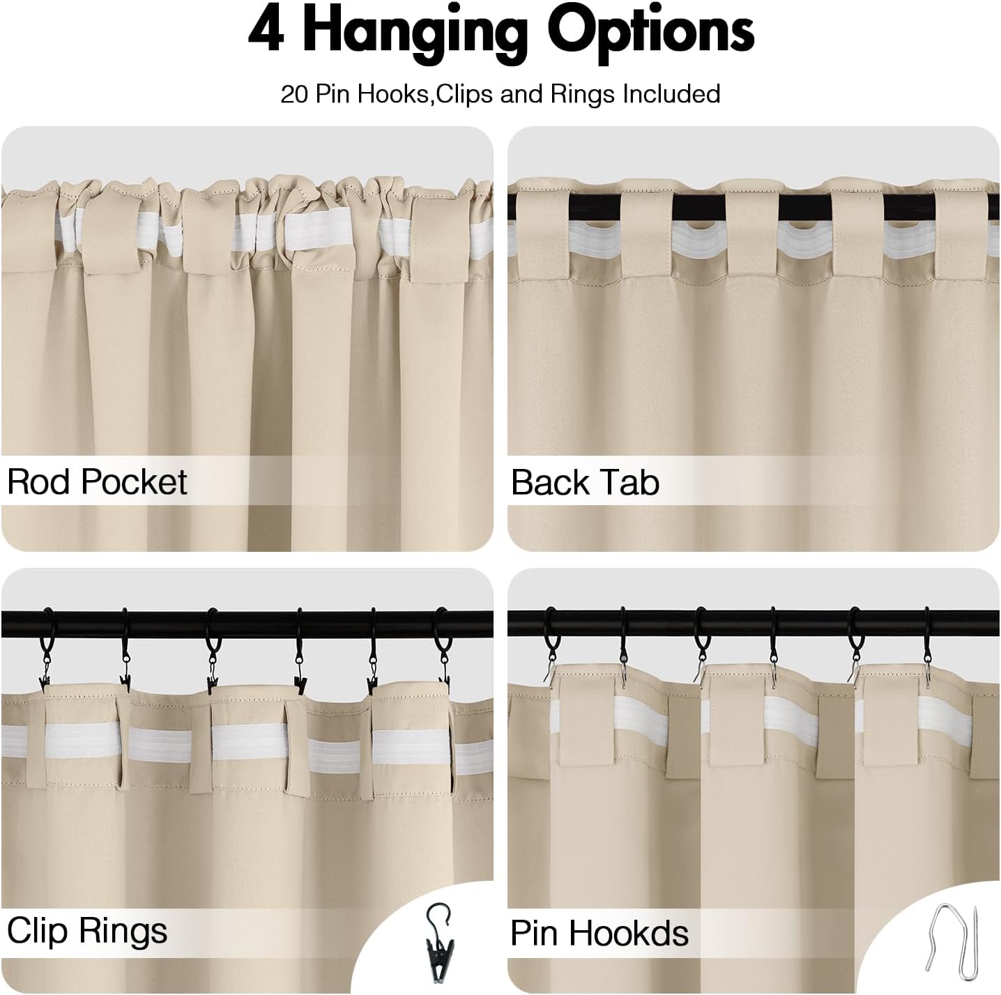 ANRODUO Back Tab Blackout Curtains for Bedroom Living Room, Rod Pocket Pinch Pleated Thermal Insulated Room Darkening Curtains 96 Inches Long 2 Panels, Cream Beige, 52 x 96 Inch