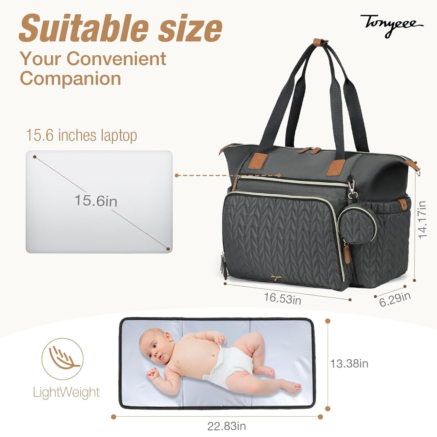 Diaper Bag Tote, Large Baby Diaper Bags Waterproof, Hospital Bag for Labor Delivery with Pacifier Case, Changing Pad, Shoulder Strap, Dark Gray