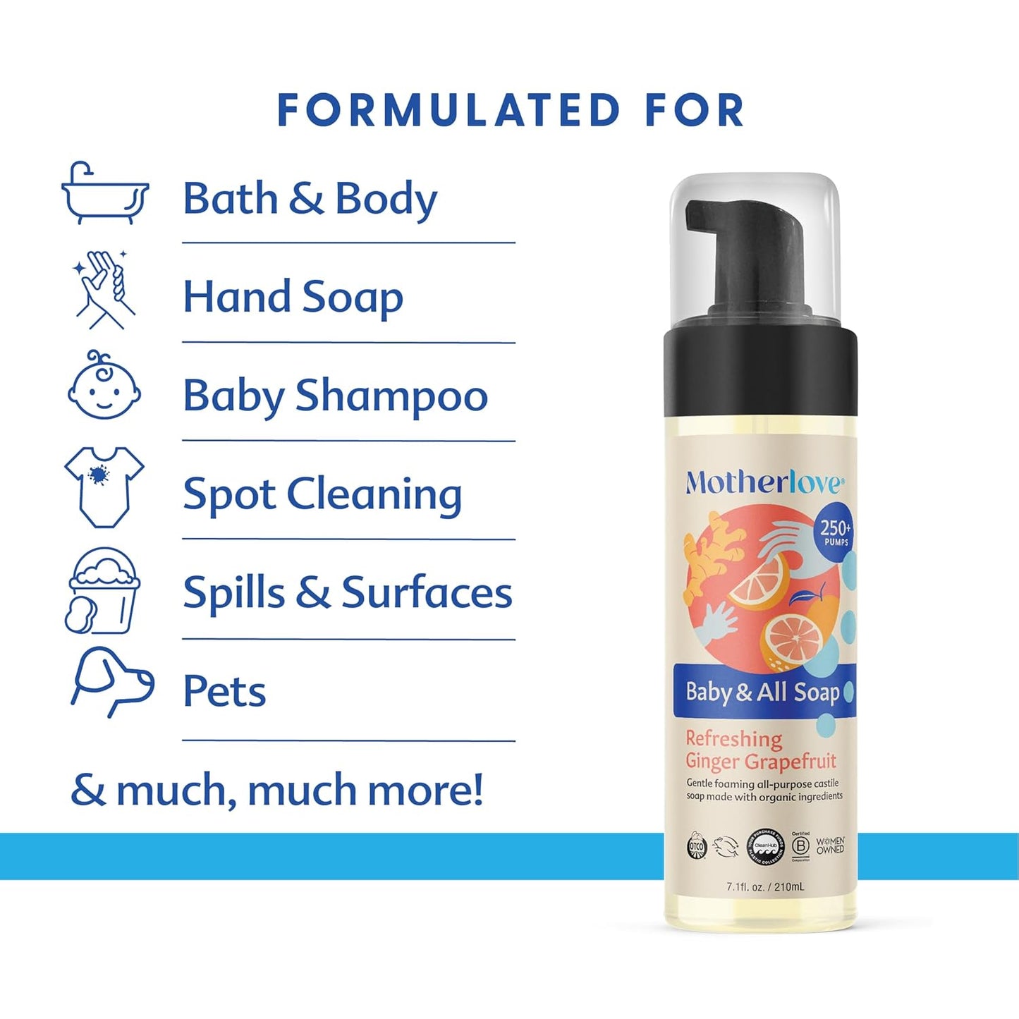 Motherlove Baby & All Soap (2 pack, 7.1 oz) Gentle Foaming All-Purpose Castile Soap Made with Organic Ingredients – Refreshing Ginger Grapefruit
