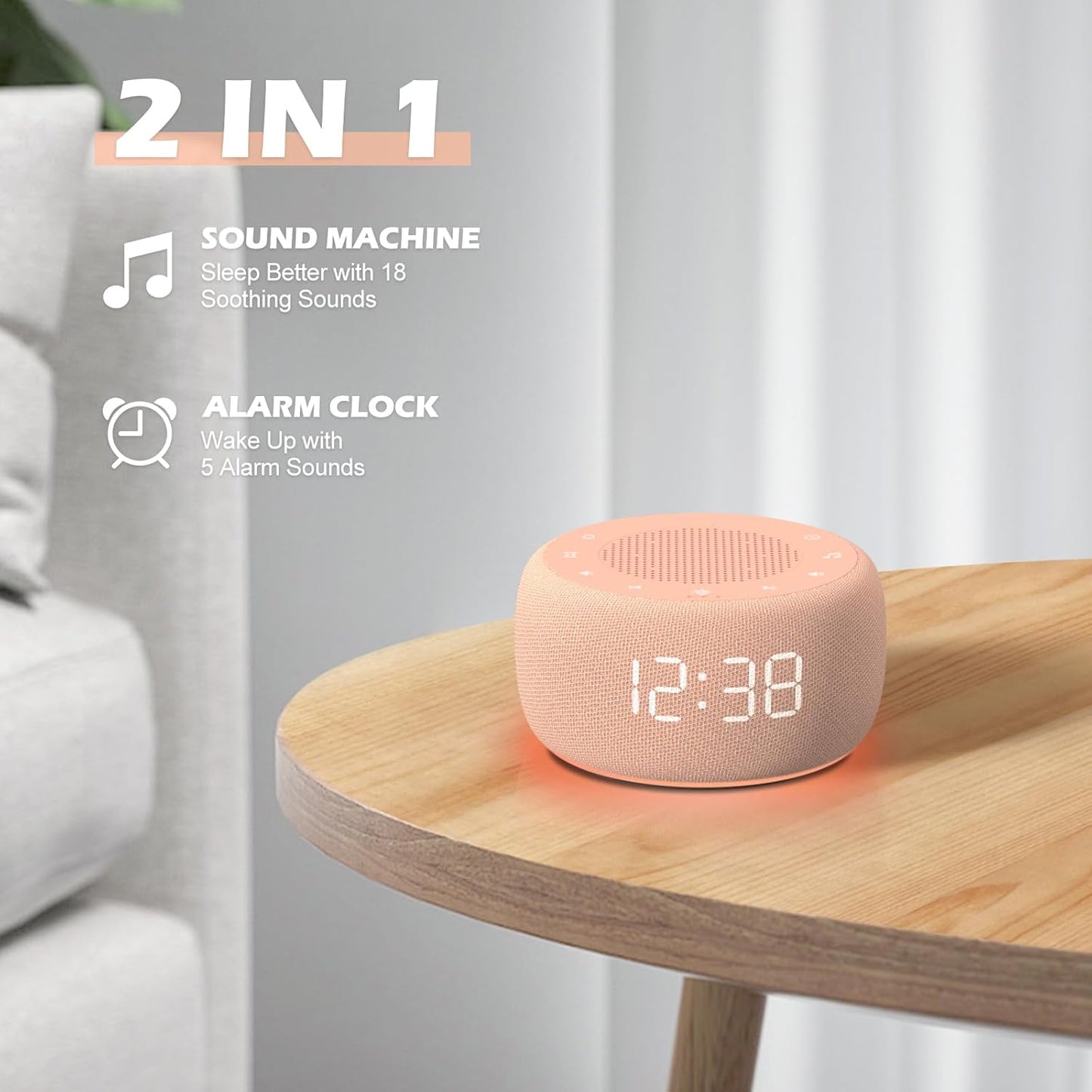 Buffbee Sound Machine & Alarm Clock 2-in-1, 0-100% Clock Face Brightness, Bottom Colored Light, Sleep Timer, Precise 30-Level Volume White Noise Machine, Digital Alarm Clocks for Bedrooms - Peach