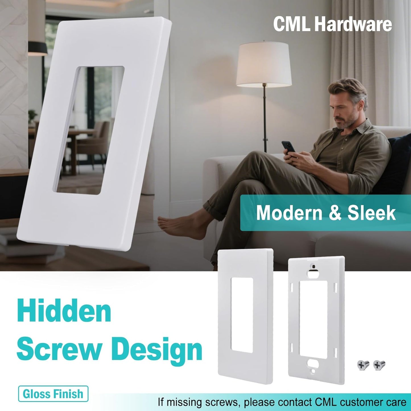 CML Screwless Wall Plates, 40 Pack Decorator Light Switch Covers, 1-Gang Decor Outlet Switch Plate, Standard Size 2.91”x4.68”, Impact Resistant, White