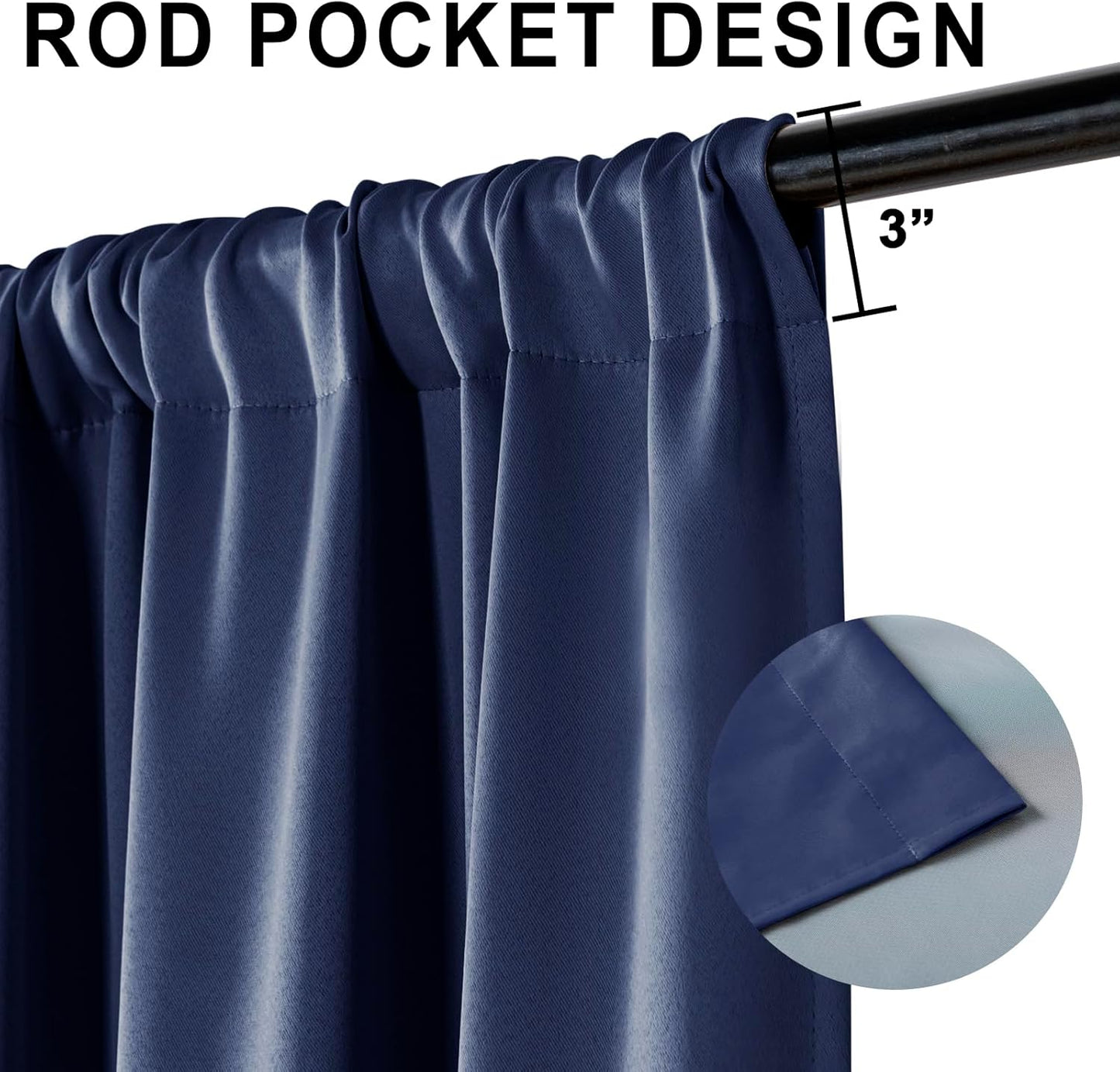 XWZO 100% Blackout Curtains 2 Panels with Tiebacks- Heat and Full Light Blocking Window Panels for Bedroom, 84 Inches Long Rod Pocket Thermal Insulated Draperies, Navy Blue, W70 x L84, Set of 2