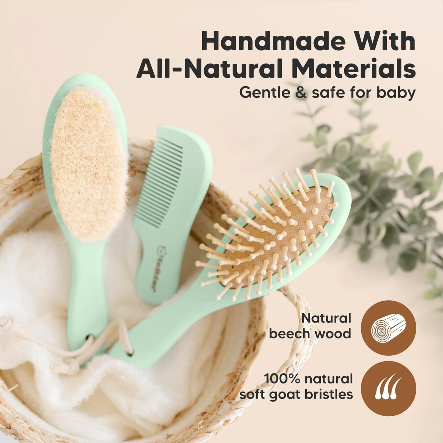 Baby Hair Brush and Comb Set for Newborn - Wooden Baby Hair Brush Set with Soft Goat Bristle, Baby Brush Set for Newborns, Baby Brush and Comb Set Girl, Boy, Toddler Cradle Cap Brush (Oval, Sage)