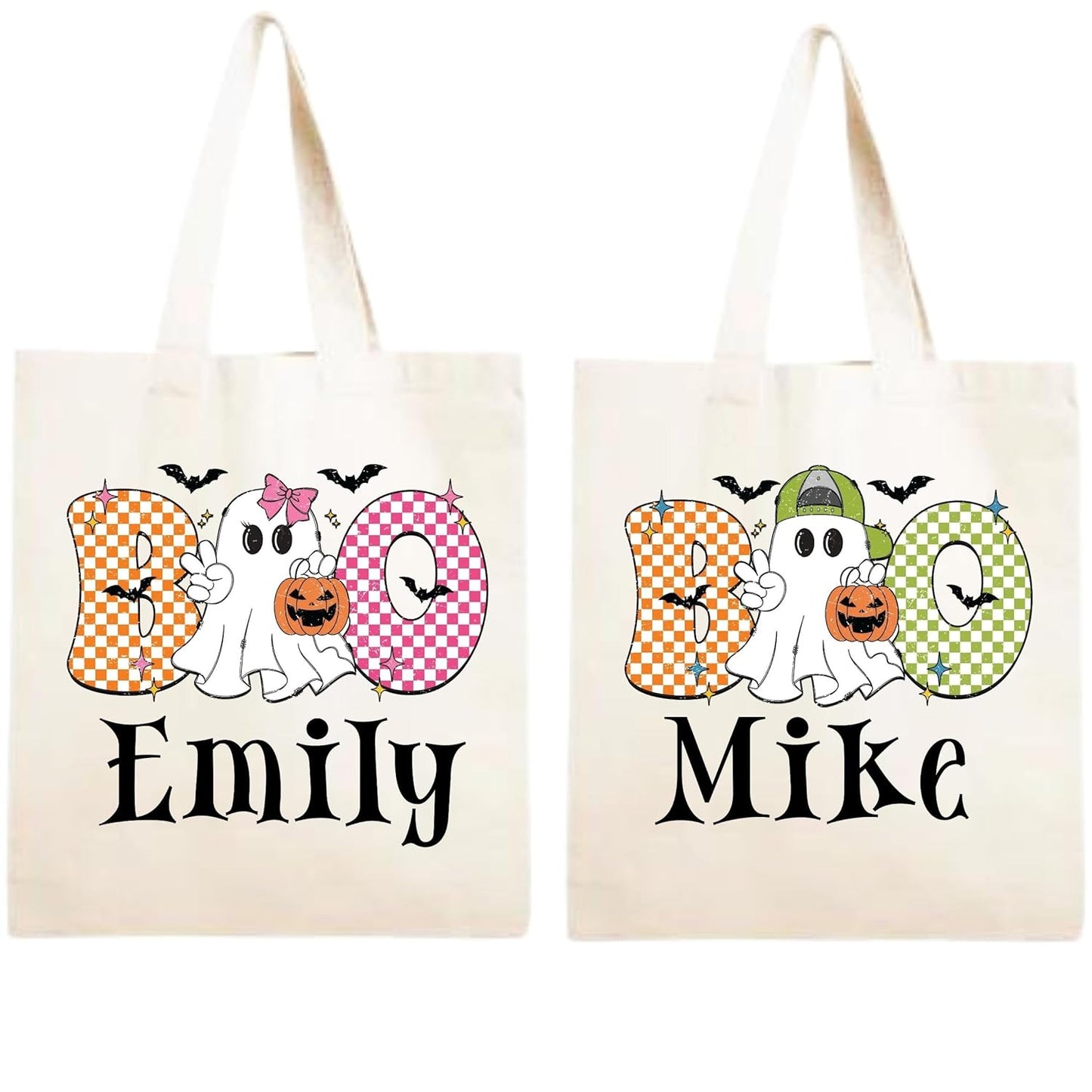 Custom Name Halloween Trick or Treat Bags for Kids Personalized Reusable Canvas Candy Bags for Girls & Boys Spooky Pumpkin Ghost Boo Bag Large 15" x 16" Reusable Candy Totes